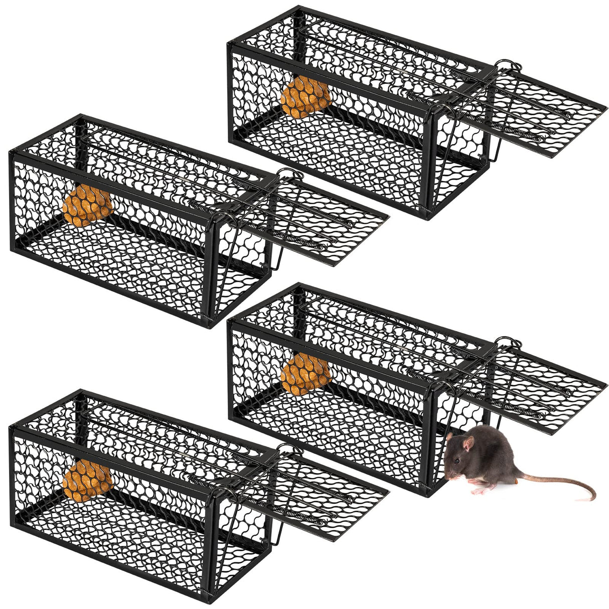 Humane Rat Trap Chipmunk Rodent Trap Mouse Trap Squirrel Trap Small Live Animal Trap Mouse Voles Hamsters Live Cage Rat Mouse Cage Trap for Mice Easy to Catch and Release (Black,4 Pcs)