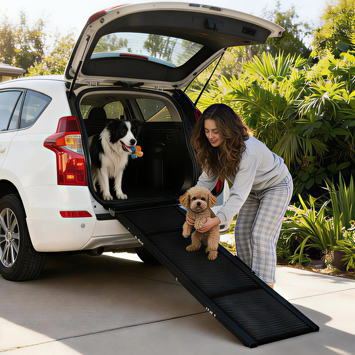 GarveeLife Dog Ramp for Car 71"× 20" Large Folding Pet Stair Ramps for Truck, SUV, with Non-Slip Surface, Up to 250 LBS, Outdoor Dog Car Ramp for Medium & Large Dogs, Portable Pet Steps
