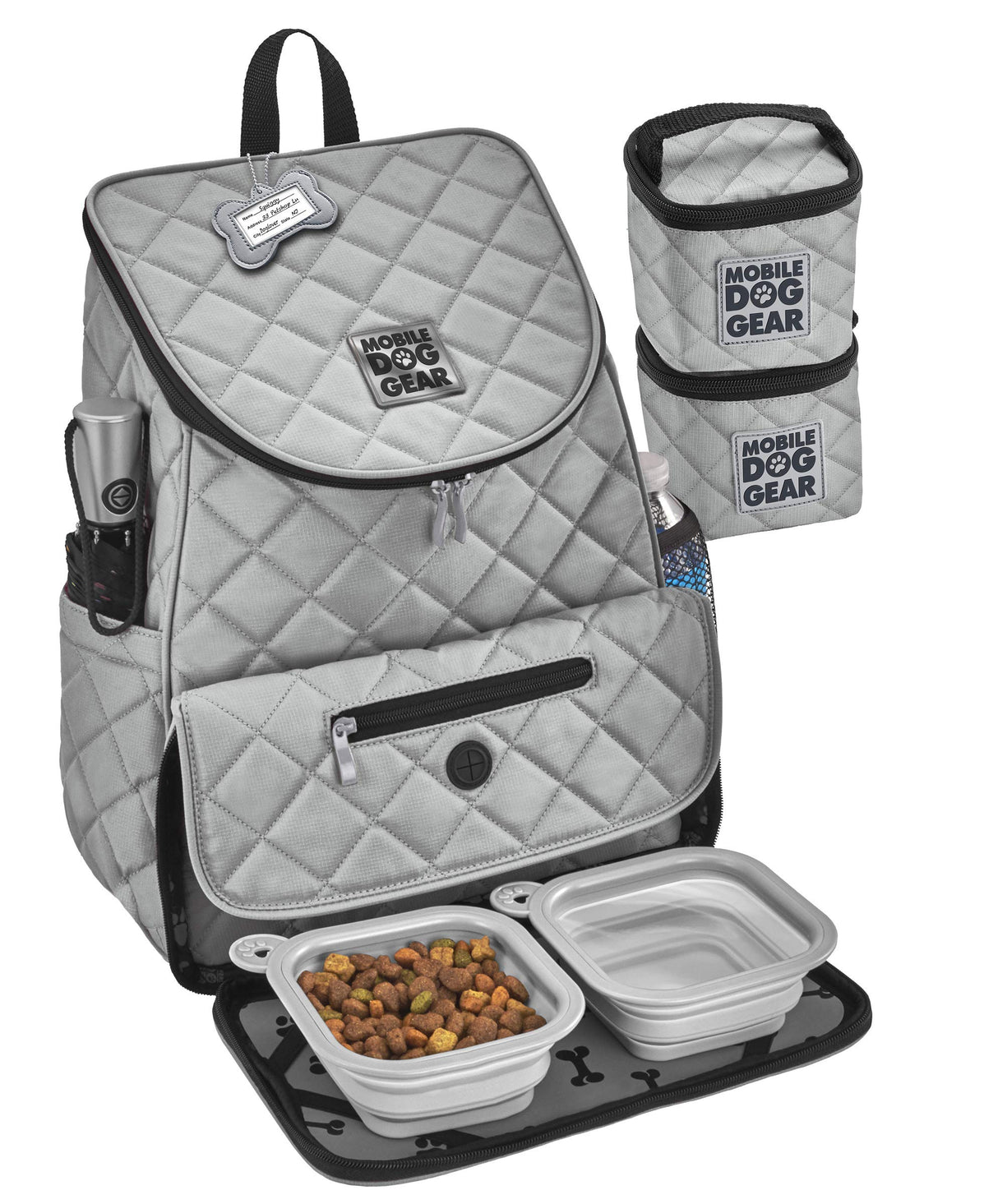 Mobile Dog Gear, Dog Travel Bag, Deluxe Quilted Weekender Backpack, Includes Lined Food Carriers and 2 Collapsible Dog Bowl, Gray
