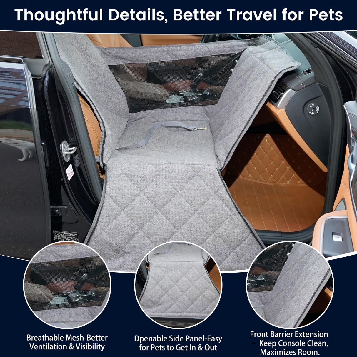 Dekeyoo Front Seat Dog Car Seat for Small/Medium Dogs with Door Protection – Full Coverage Pet Booster Seat with Mesh Window, Zippered Side Flaps, Safety Buckle, Grey Linen Fabric