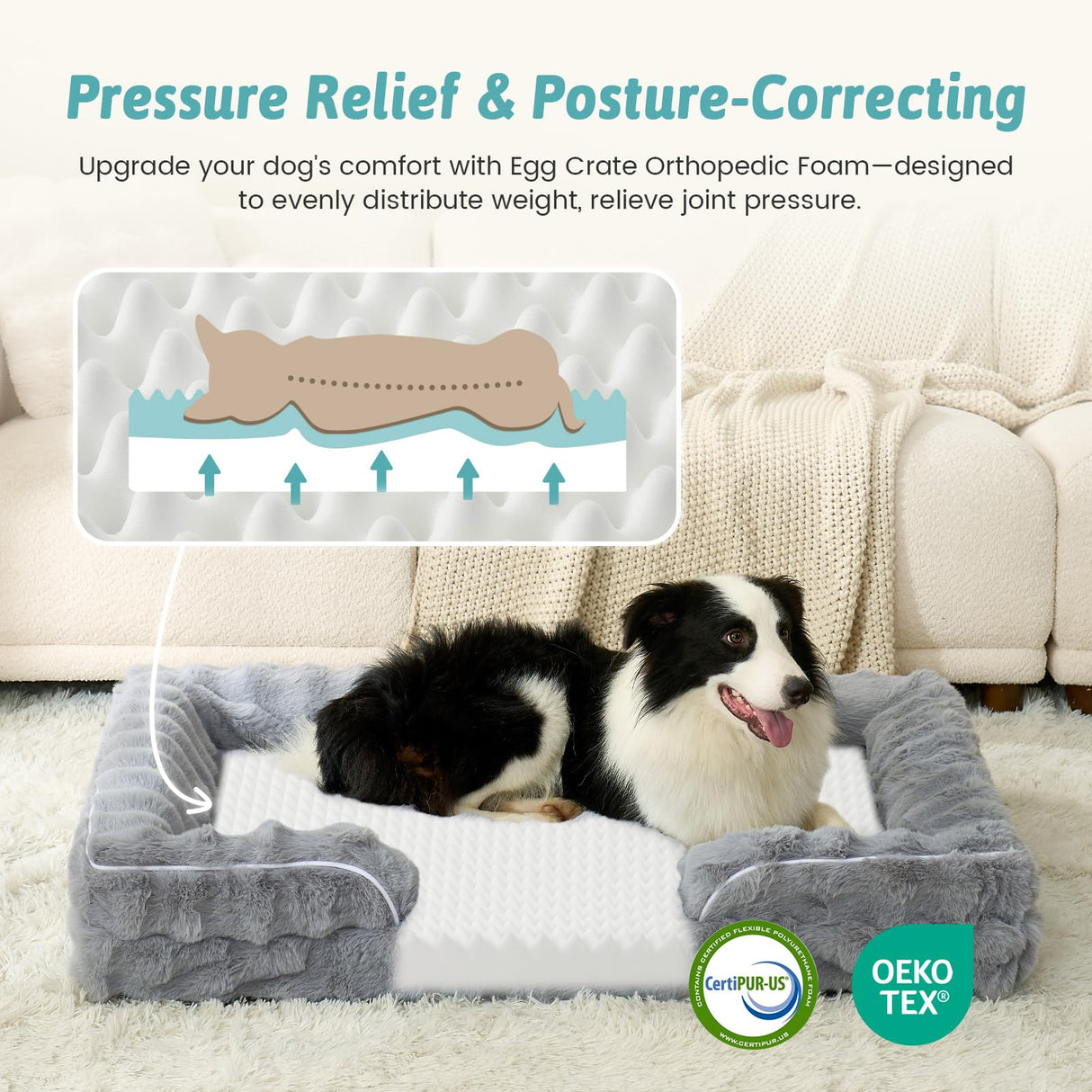 COZY KISS Orthopedic Dog Bed for Extra Large Dog, Soft and Warm Faux Fur Sofa for Giant Pet Up to 150 lbs, Foam Bolster Anti-Slip Couch with Washable Removable Cover, XXL 48x35x8 inch, Grey