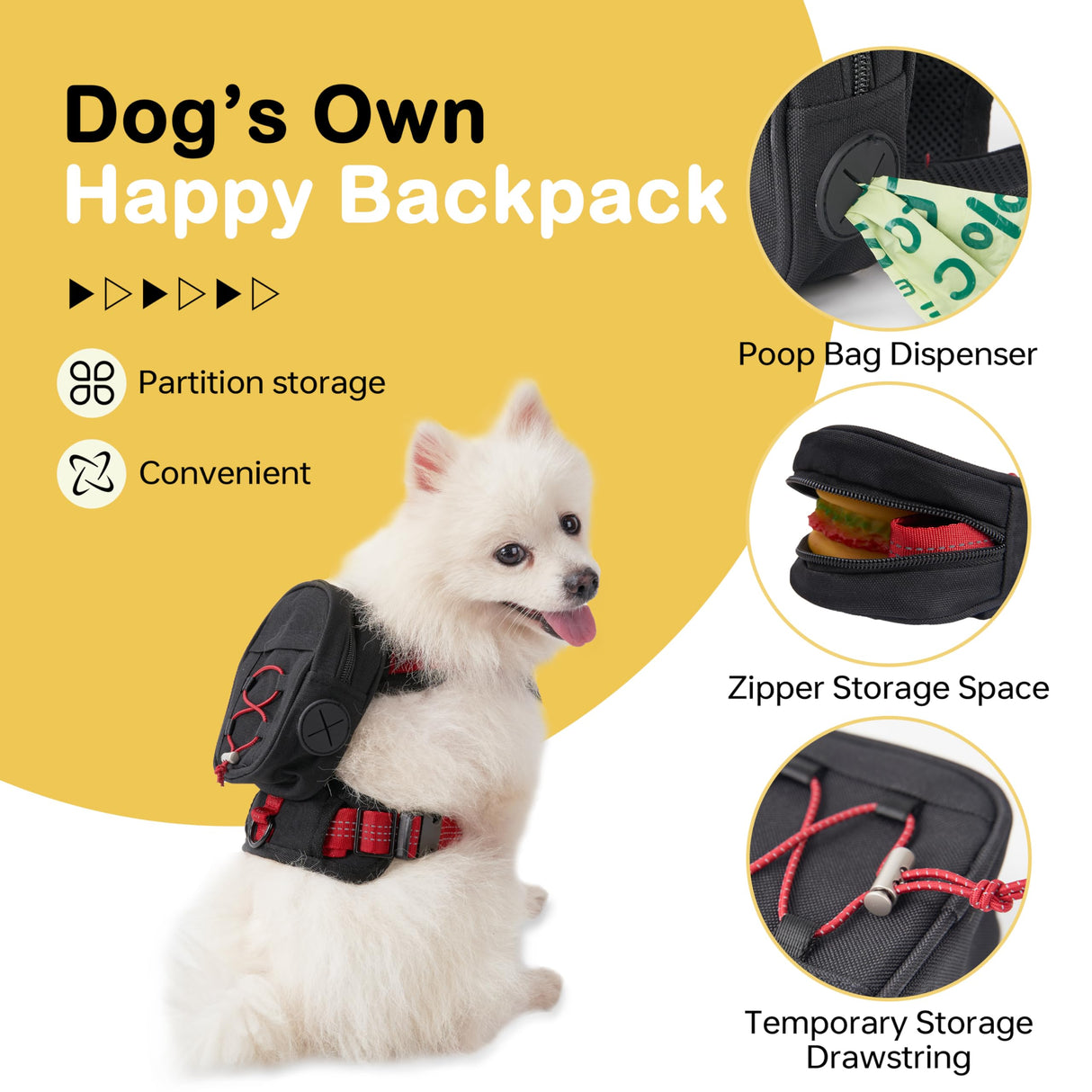 Adjustable Backpack for Small Dogs, Dog Backpack Harness with Reflective Leash, Built in Poop Bag Dispenser, Detachable Dog Back Pack for Outdoor Adventures, Puppy Training, Walking(Black,Large)