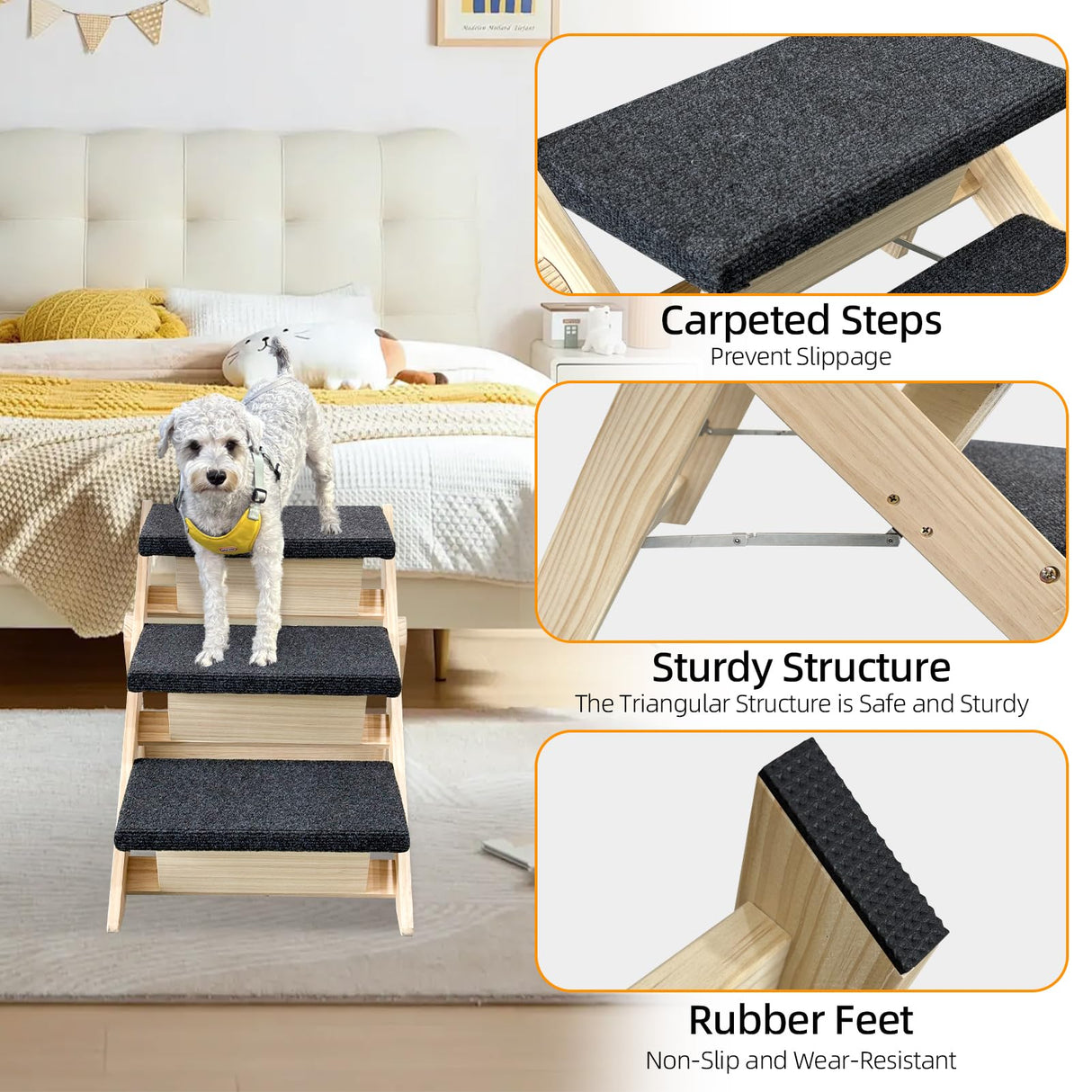 Dog Stairs/Ramp for Bed, Wooden 2-in-1 Foldable Pet Stairs & Ramp, Portable Dog Ladder Up to 180 Pound for Elderly/Short-Legged Dogs, 3 Steps for Beds, Couch, Cars
