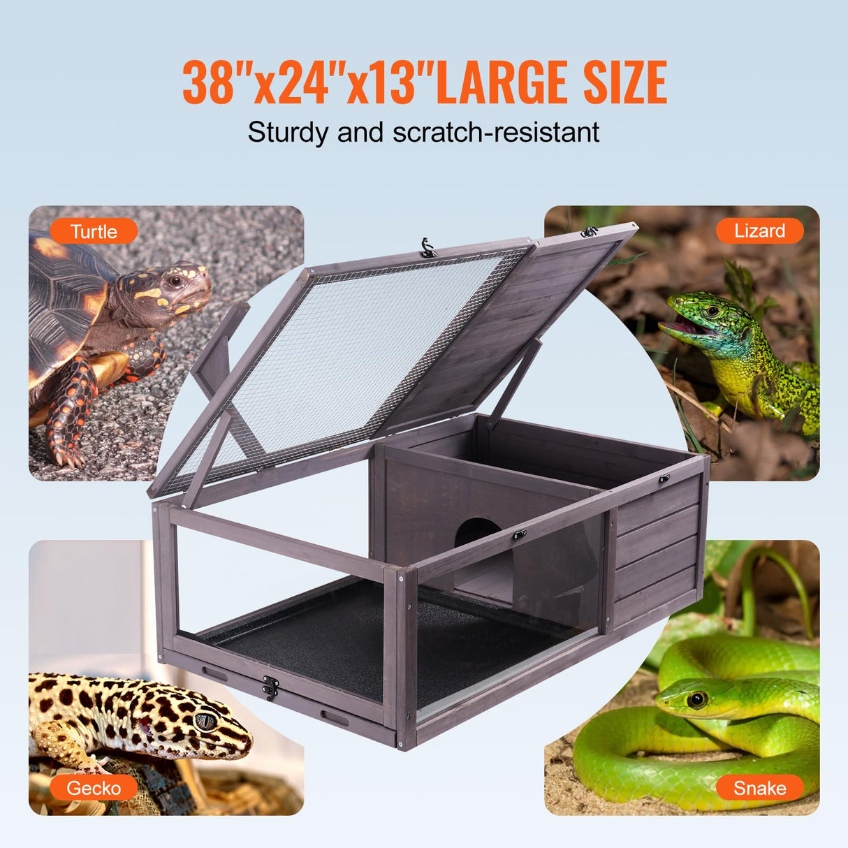 VEVOR Wooden Tortoise House, Indoor & Outdoor Tortoise Enclosure with Hanging Light Stand, 2-Room Reptile Enclosure Small Animal Cage for Gecko, Lizard, Snake - 38 x24 x13 inch