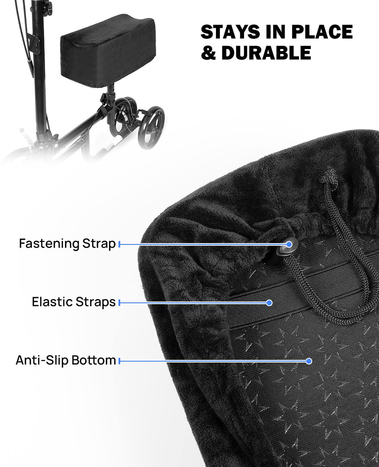 JOYTUTUS Knee Scooter Cushion Cover, Knee Scooter Pad for Comfort, Memory Foam Cushion Knee Walker Accessories with Removable Cover, 2'' Thick Fits Most Knee Walker Models, Black