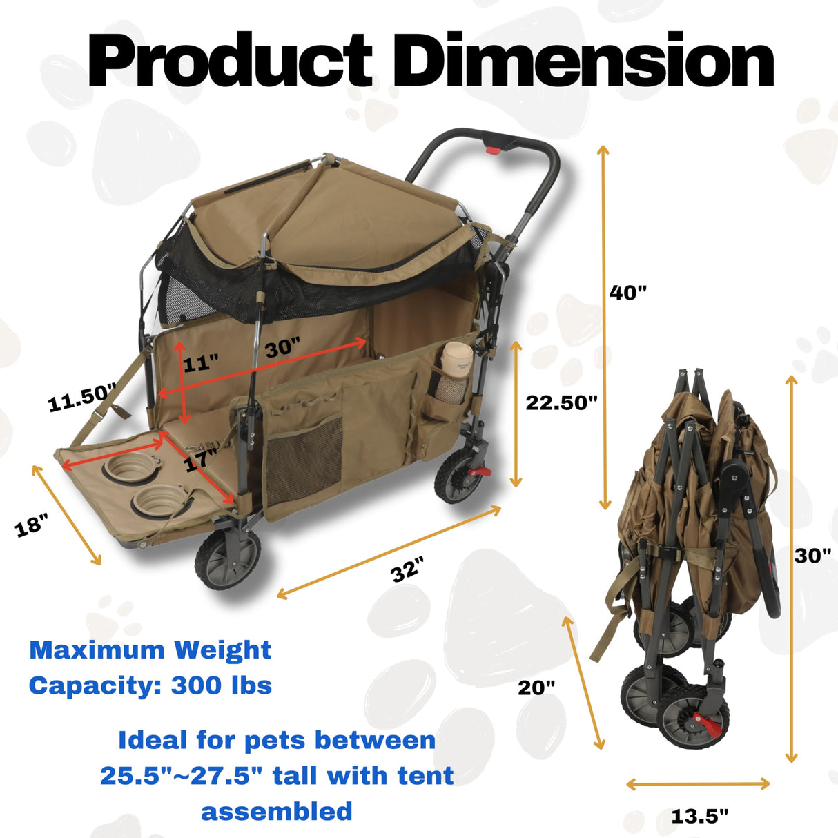 LONGDOG IMPRESSIONS Foldable Pet Wagon Dog Stroller with Removable Fully Zipped Tent, Pet Travel Wagon with Extendable Ramp Built-in Storage Attached Water and Food Station