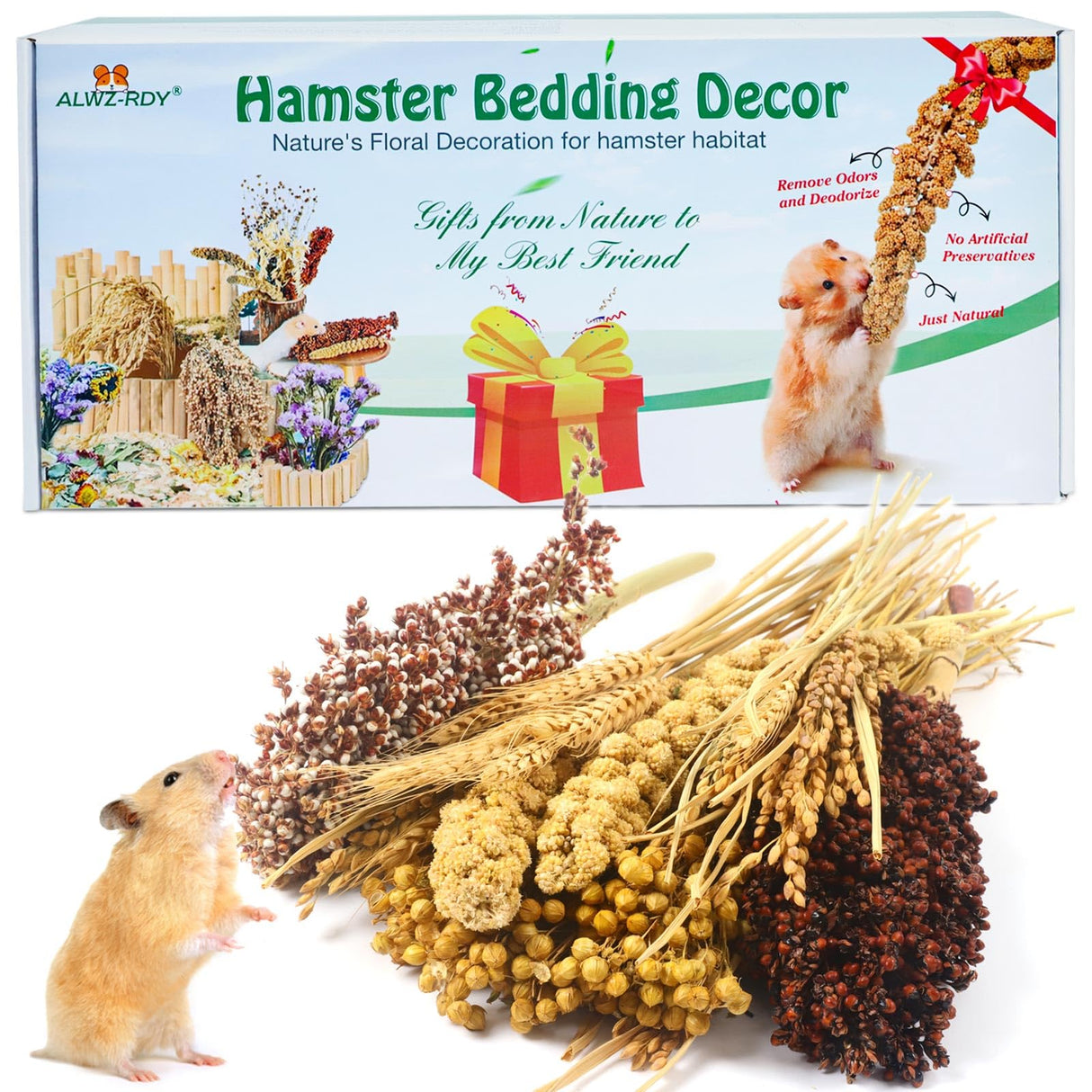 ALWZ-RDY Natural Hamster Bedding, Hamster Herbs Flowers for Hamster Cage Enclosure Habitat Decor Hamster Sprays for Dwarf Syrian Guinea Hamsters Gerbil Degus or Other Small Animals（Grain Version）
