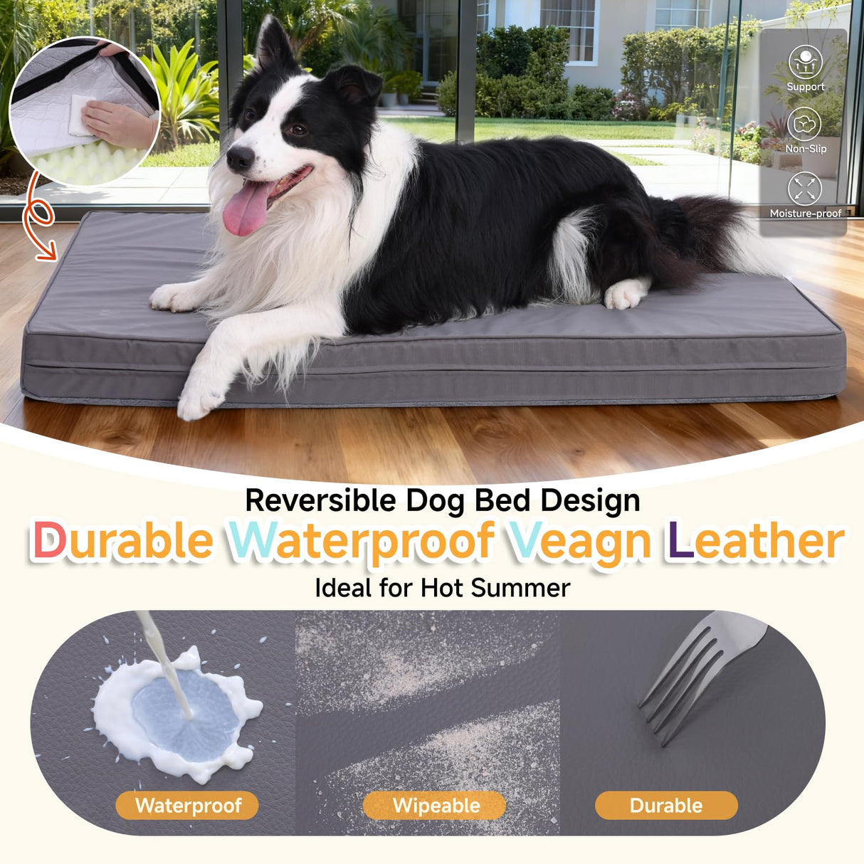 WAYIMPRESS XXL Dog Bed for Large Dogs, Waterproof XXL Dog Crate Pad with Orthopedic Egg Crate Foam Reversible & Washable Cover, Egg Crate Foam, Anti-Slip, 47" x 29", Gray