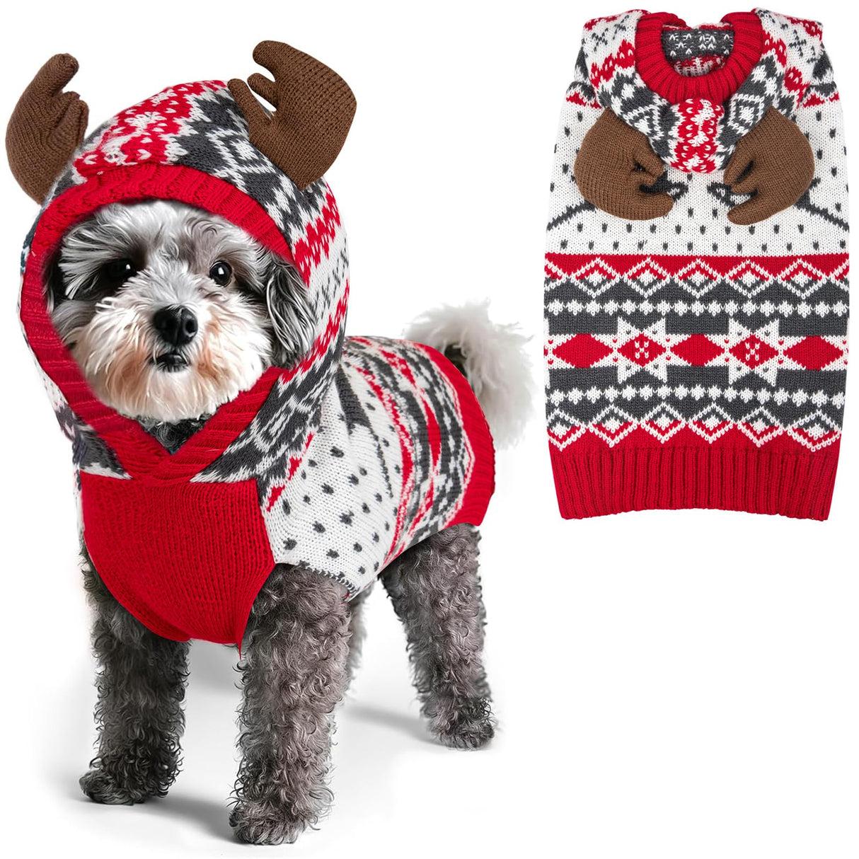 KYEESE Dog Christmas Sweater, Warm Dog Sweater for Small Dogs Boy Girl with Reindeer Antler Hood, Classic Winter Knitwear with Leash Hole, Soft Stretchy Fabric, Cozy Pet Clothes, Small