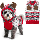 KYEESE Dog Christmas Sweater, Warm Dog Sweater for Small Dogs Boy Girl with Reindeer Antler Hood, Classic Winter Knitwear with Leash Hole, Soft Stretchy Fabric, Cozy Pet Clothes, Small