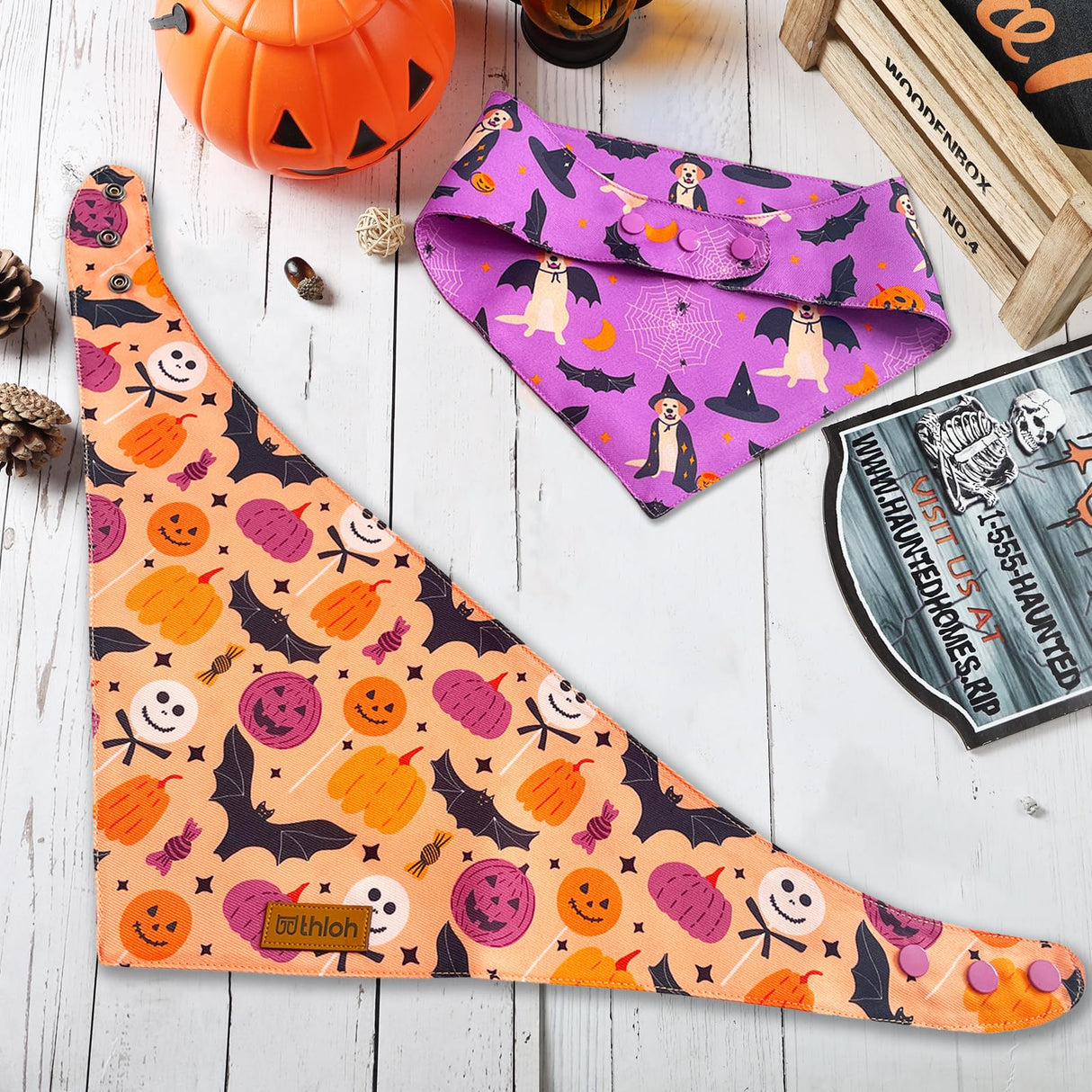 THLOH Halloween Dog Bandanas - 2 Pack Purple Dog Bandana with Snap Button | Reversible Pet Scarf for Boy & Girl | Premium Durable Fabric | Holiday Bandana for Large and Extra Large Dogs (X-Large)