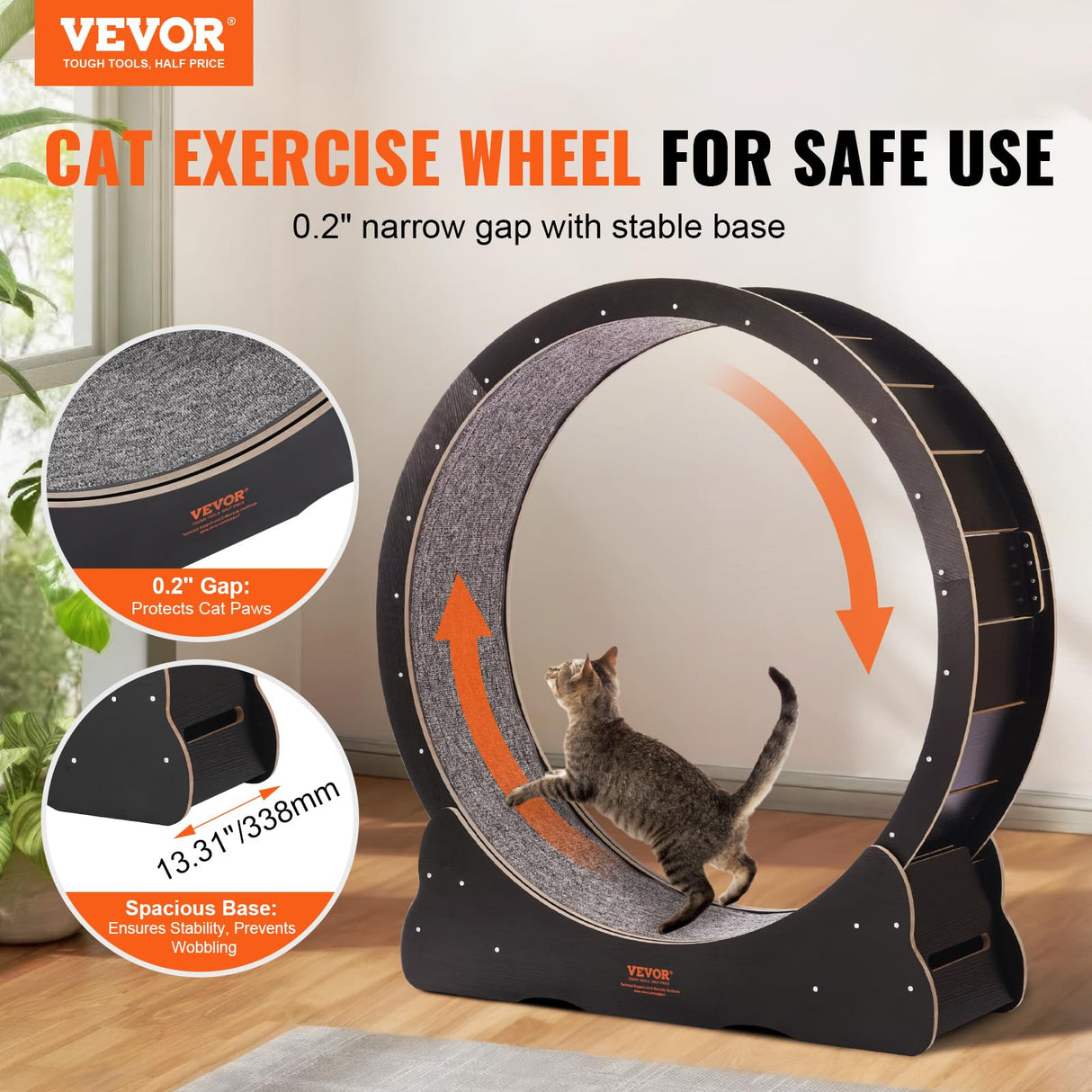 VEVOR Cat Exercise Wheel, 43.3" Large Cat Treadmill for Indoor Pets, Running Wheel with Detachable Carpet & Cats Teaser Toy for Running/Walking/Training, Suitable for Most Cats Black