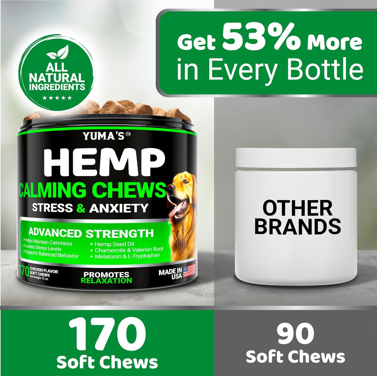 Hemp Calming Chews for Dogs - Advanced Dog Calming Chews - 170 Chews - Anxiety Relief Treats - Separation Aid, Barking, Stress Relief, Thunderstorms - Melatonin - Hemp Oil - Made in USA