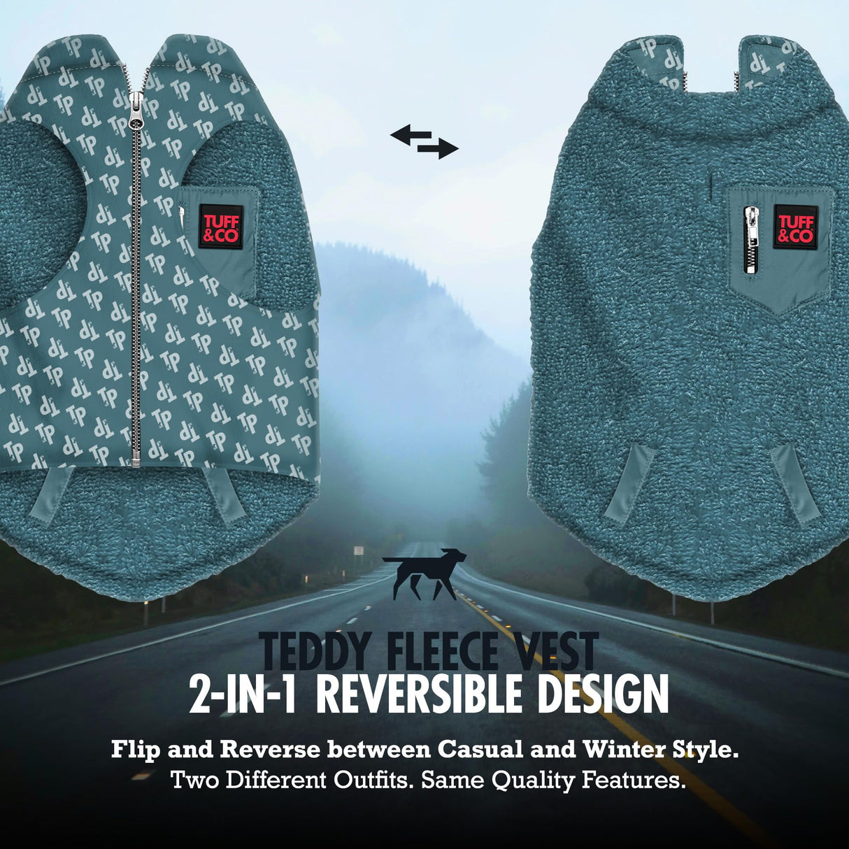 Tuff Pupper Reversible Fleece Sweater Vest for Dogs | Lightweight Comfortable Insulated Jacket | Front Zip Closure | Machine Washable | Built-in Leash Hole | Sizes for All Breeds (XL, Teal)