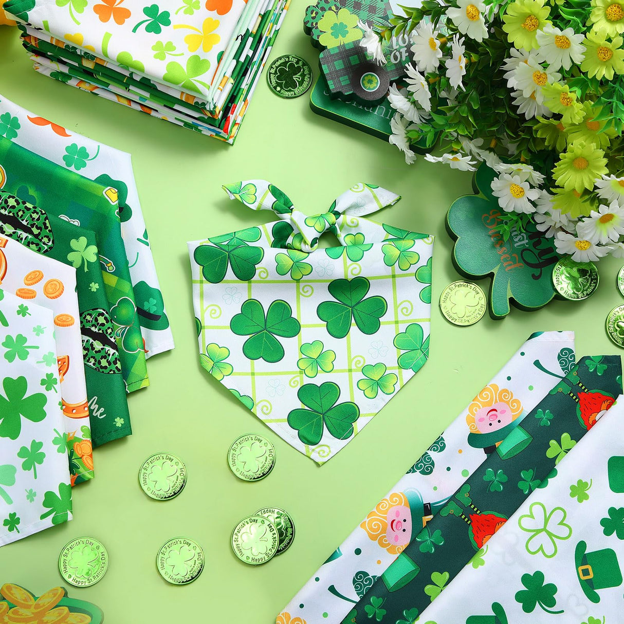 Bulyoou 72 Pcs St Patrick's Dog Bandanas Bulk Shamrock Bandanas for Dog Adjustable Washable Pet Triangle Scarf Soft Kerchief Bib for St Patrick's Holiday Pet Costume Accessories