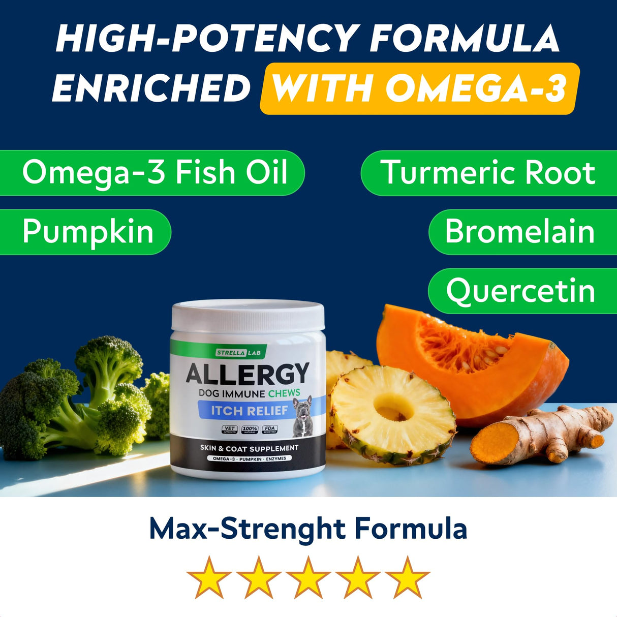 StrellaLab Dog Allergy Relief & Anti Itch Support Chews w/Omega 3: Real Ingredients, Real Taste! Skin & Coat Immune Supplement w/Fish Oil, Pumpkin & Enzymes — Developed by Experts - Made in USA -180Ct