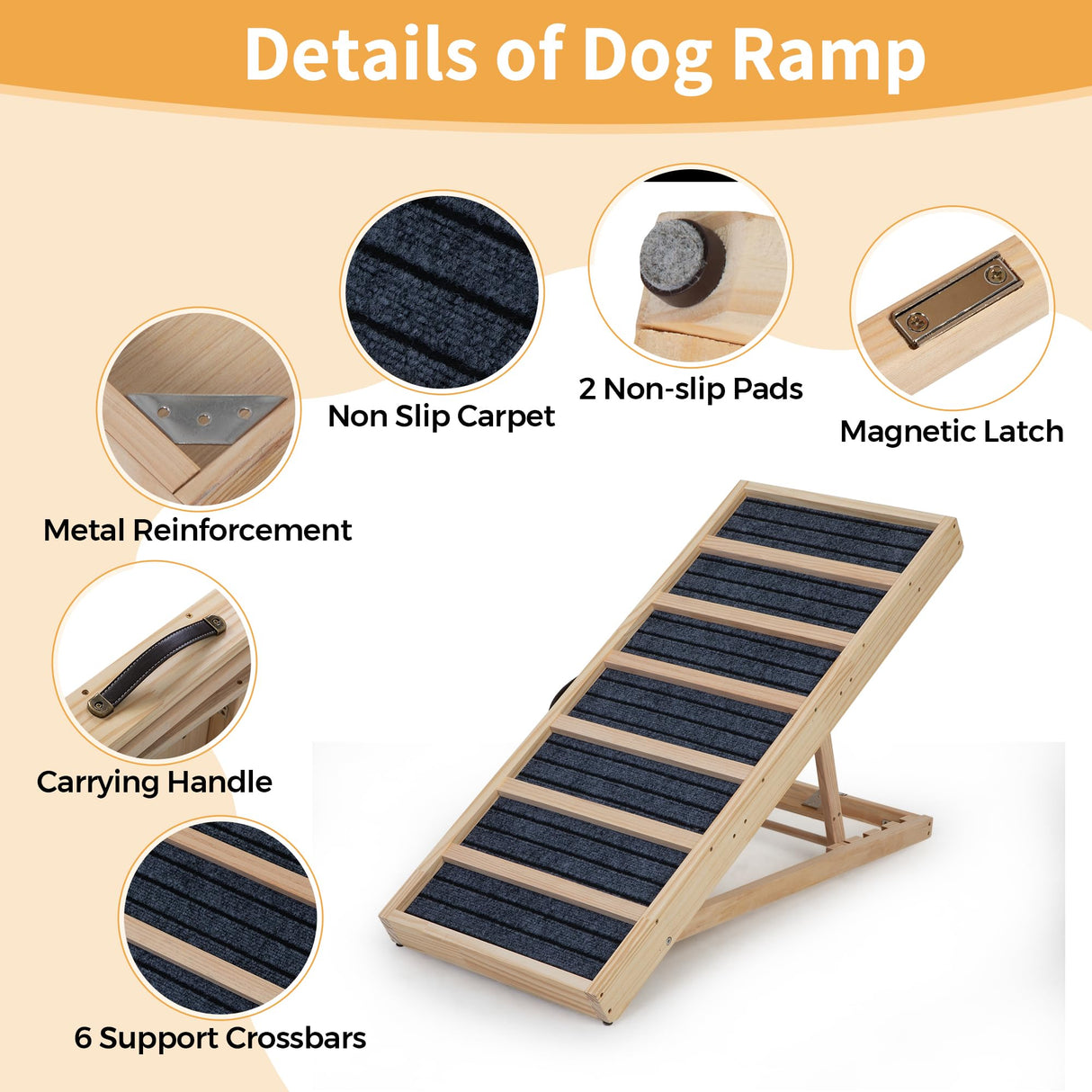 Dog Ramp for Bed, Couch- Upgraded Non-Slip Wooden Pet Ramp with Sturdy Construction, 4 Adjustable Heights (16" to 22"), Supports 132 lbs for Small & Medium Dogs