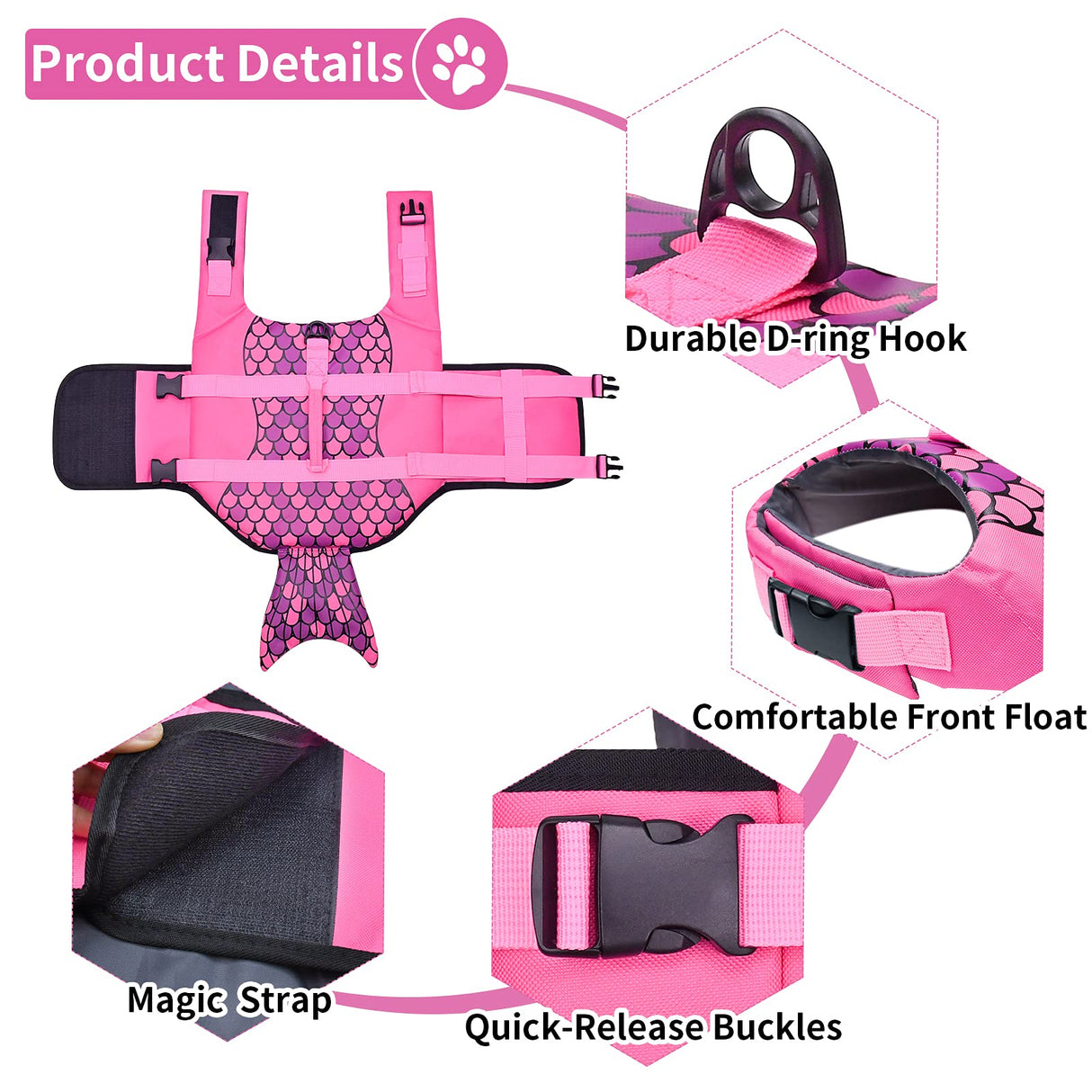 Malier Dog Life Jacket, Ripstop Dog Life Vest with High Buoyancy for Swimming Boating, High Visibility Shark Puupy Lifesaver for Small Medium Large Dogs (Pink #1, X-Large)