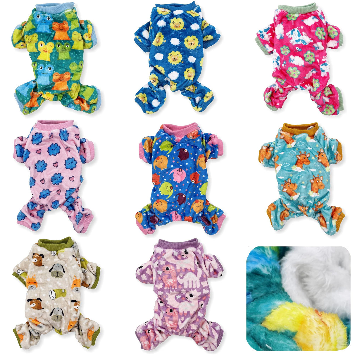 Pack of 2 Colors Dog Pajamas Soft Warm Fleece Jumpsuit Cute Pet Clothes for Small and Medium Pet XXS - L (Pack of 2 Colors: Hot Pink Cows, Blue Elephants, S: Length - 12", Chest 14" - 17")