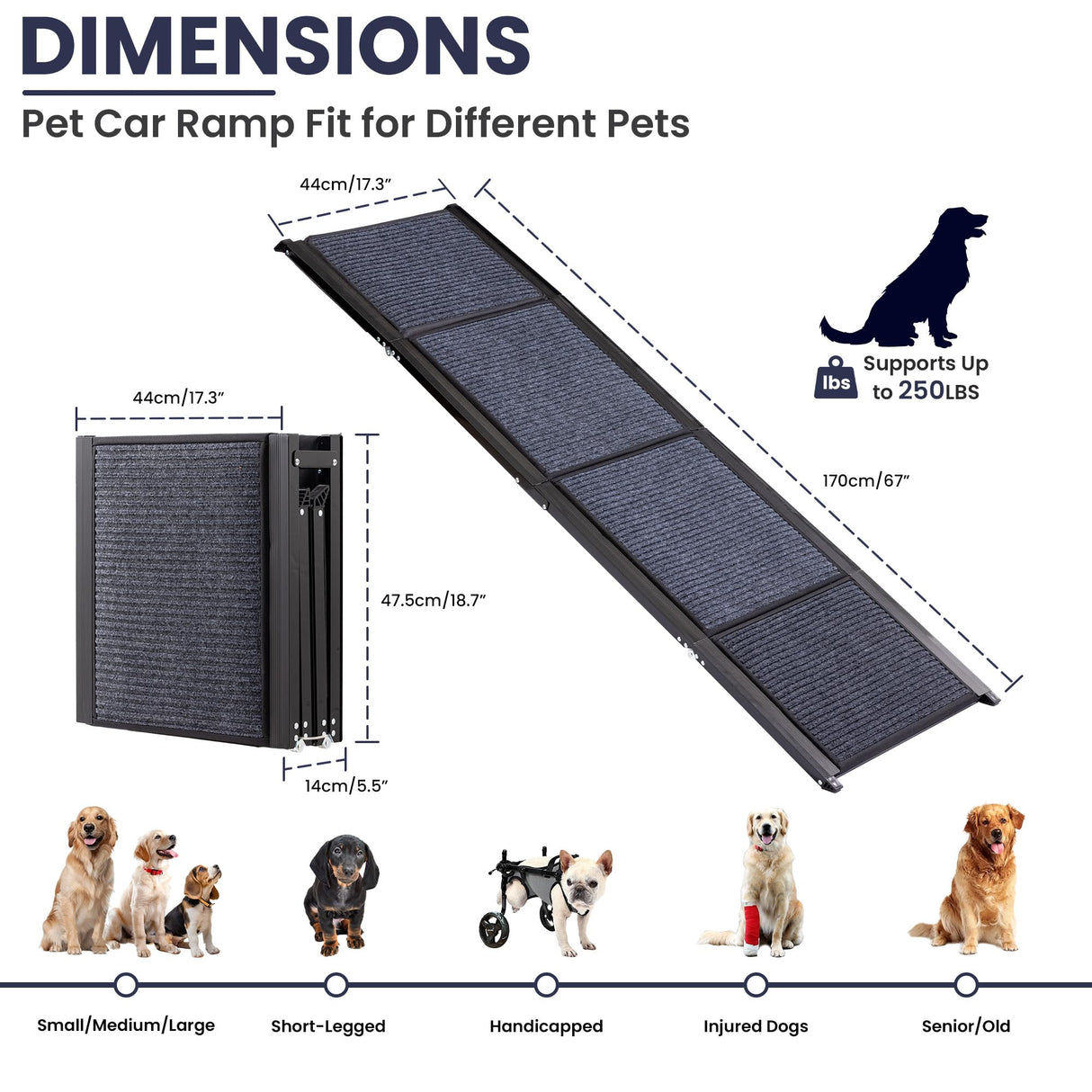 AQUILLA Dog Ramp for Car, 67" Long & 17.3" Wide Foldable Pet Ramp with Non-Slip Surface, Portable Dog Car Ramp for Old/Large/Senior Pets to Get on Bed, Stairs, Sedan/SUV/Cars, Up to 250LBS Capacity