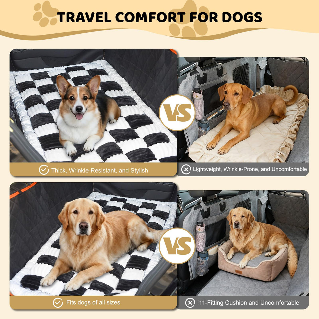 iChosen Dog Bed Mat for Car Backseat Extender, 24.8'' x 54'' Non-Slip Travel Pet Blanket for Back Seat, Washable, Soft & Scratch-Proof, Universal Fit for Car, SUV, Truck, 2'' Thick (Black & White)