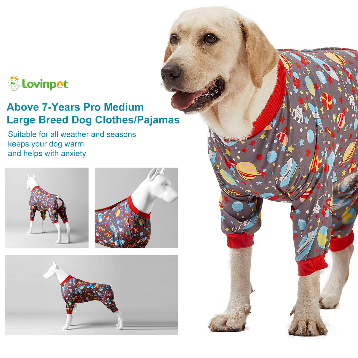 LovinPet Large Dog Pajamas: Large Breed Pitbull/Boxer/Labrador/Doberman, Lightweight Onesie, Space-Travel Grey Print,Post Surgery Shirt,UV Protection, Pet Anxiety Relief, Wound Care for Big Dog /2XL