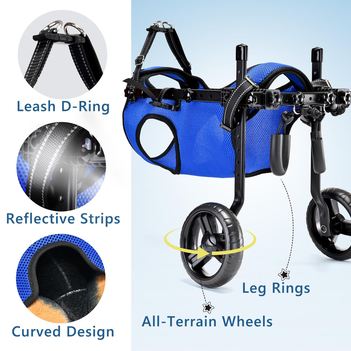 Dog Wheelchair for Back Legs – Adjustable Height/Length/Width, Sturdy Wheelchair with All-Terrain Shock-Absorbing Wheels, Mobility Support for Injured or Disabled Small & Medium Dogs & Cats, Blue (M)