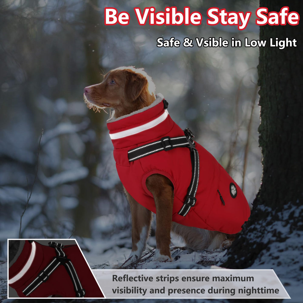 Dogcheer Dog Coat with Harness, Waterproof Dog Jacket, Christmas Puppy Winter Coat with Pocket, Reflective Doggy Turtleneck Puffer Vest for Small Medium Large Dogs - Red, S