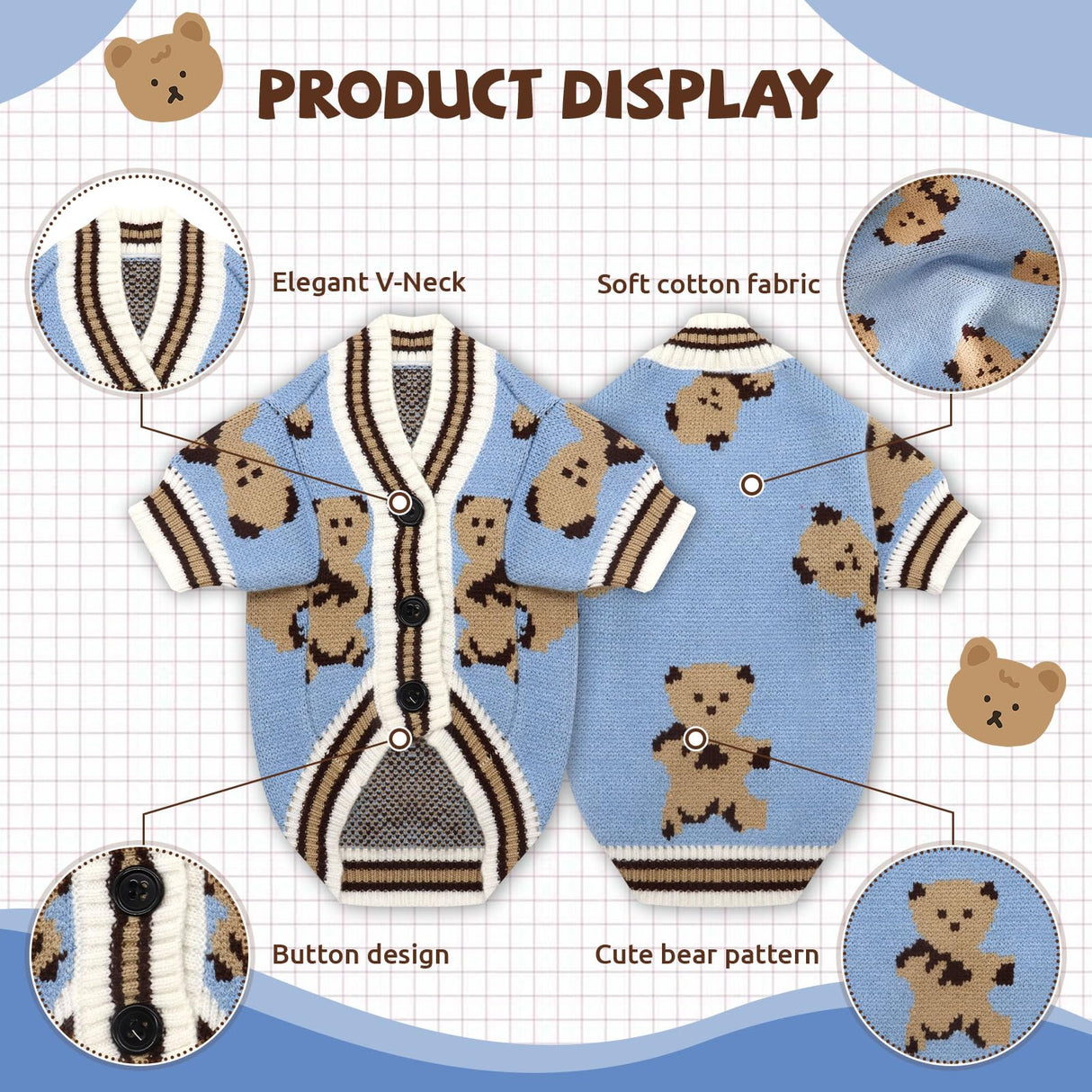 XGDMEIL Small Dog Sweaters Cute Bear Knitted Dog Cardigans Clothes for Small Medium Dogs Soft Pet Puppy Cat Knitting Outfits Fall Winter Warm Boy Girl Dogs Knitwear Coat Apparel（Blue,X-Large）