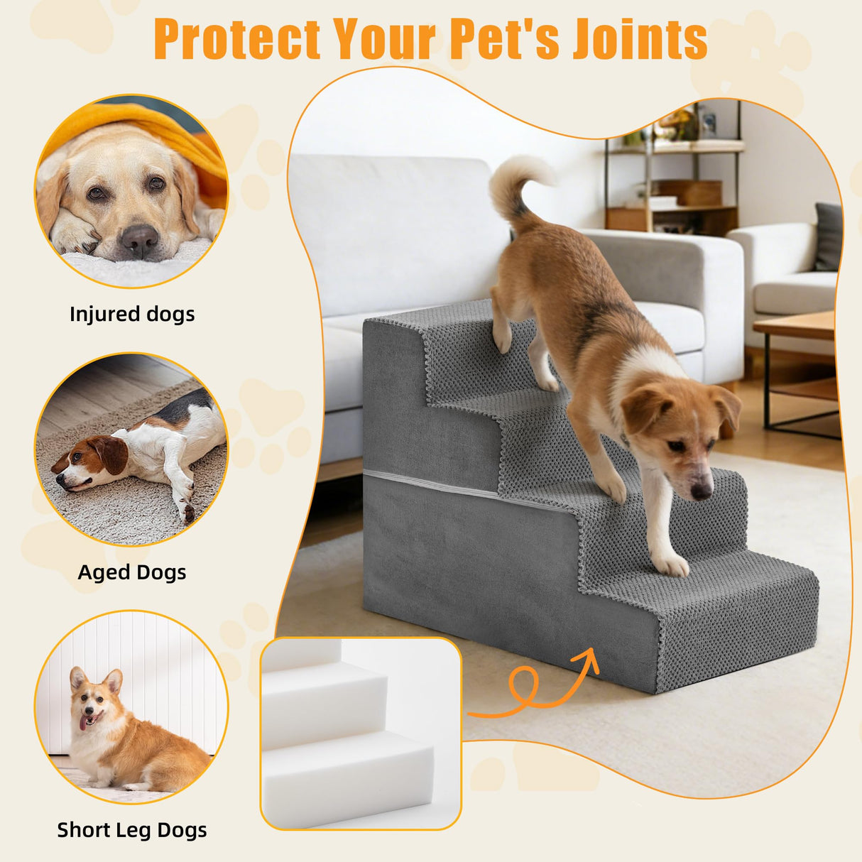 KMFurnila 4-Step Dog Stairs for Large Dogs and Cats, 18in H Dog Steps for Couch, Sofa, Chair, Non-Slip Sturdy Pet Steps, Pet Ramp for High Bed Indoor