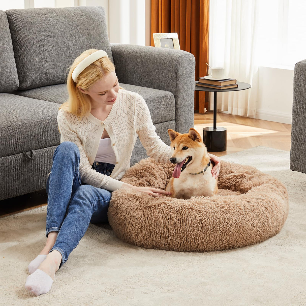 Sweetcrispy Donut Dog Bed, XL Large Round Calming Cat Bed with Washable Waterproof Cushion, Anti-Anxiety & Anti-Slip Fluffy Cuddle Cozy Faux Fur Plush for Pet Puppy Indoor Sleeping(37.4"x3.47",Brown)