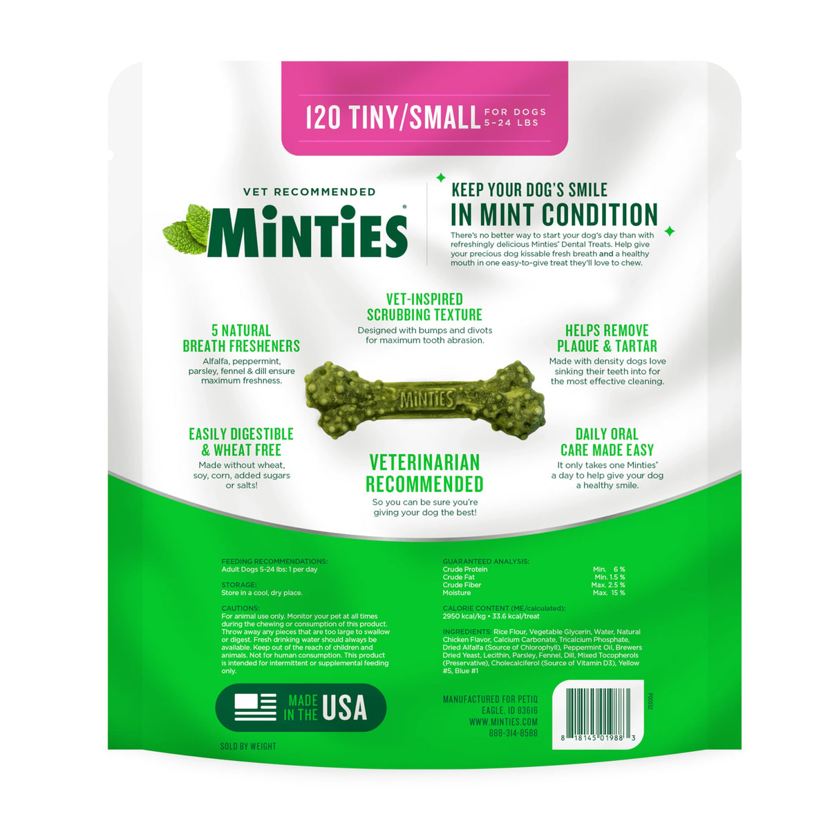 Minties Dog Dental Bone Treats, Tiny/Small Dental Dog Treats, 5-25 lbs, Clean Teeth, Fight Bad Breath, Removes Plaque and Tartar, 120 Count