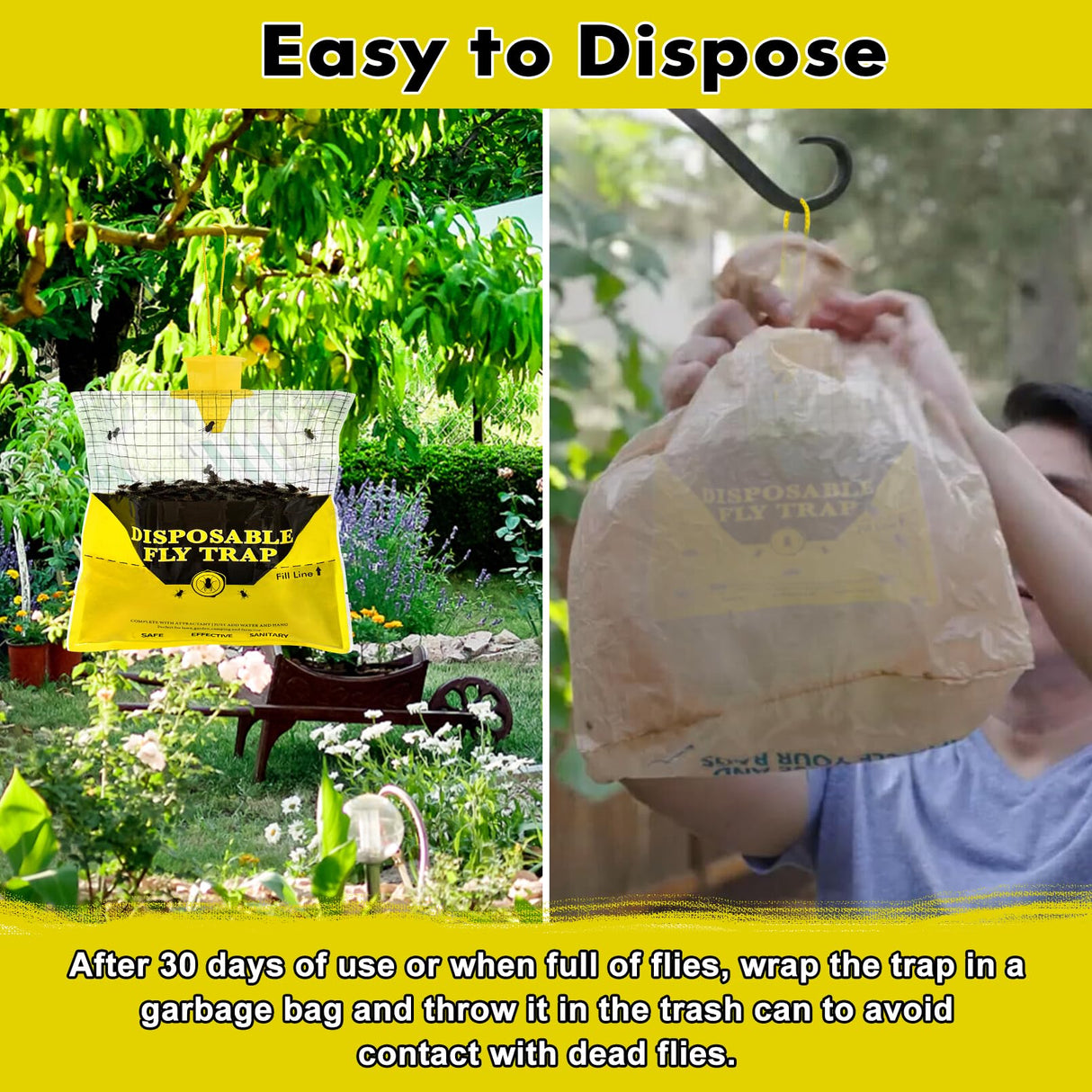 Fly Traps Outdoor Hanging, 4 Natural Pre-Baited Fly Hunter Stable Horse Ranch Fly Trap, Mosquito Fly Bags Outdoor Disposable Catchers Killer Repellent for Barn Farm Patio & Camping