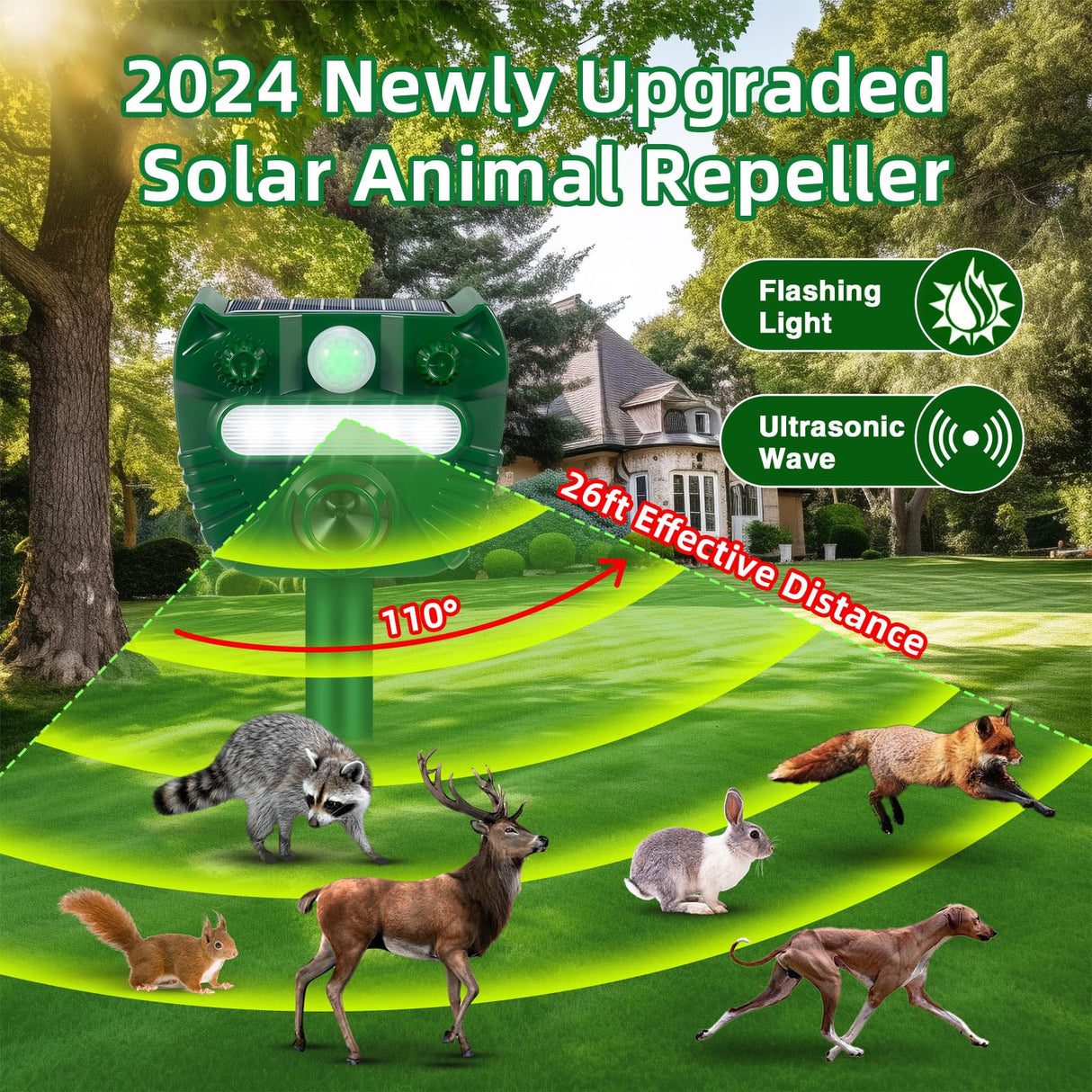 1Pcs Ultrasonic Animal Repellent Outdoor Solar Animal Repeller Waterproof with Motion Detection&Strobe Flashing Light Sensor for Cat,Deer,Skunk Repellent Devices Deterrent for Yard