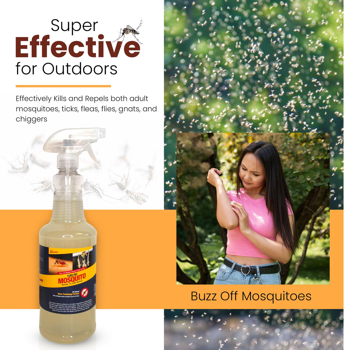 Flock Free Natural Mosquito Control Ready to Use Spray, Repels Mosquitoes, Ticks, Fleas, Flies, Gnats, and Chiggers Away (32 oz Ready to use)