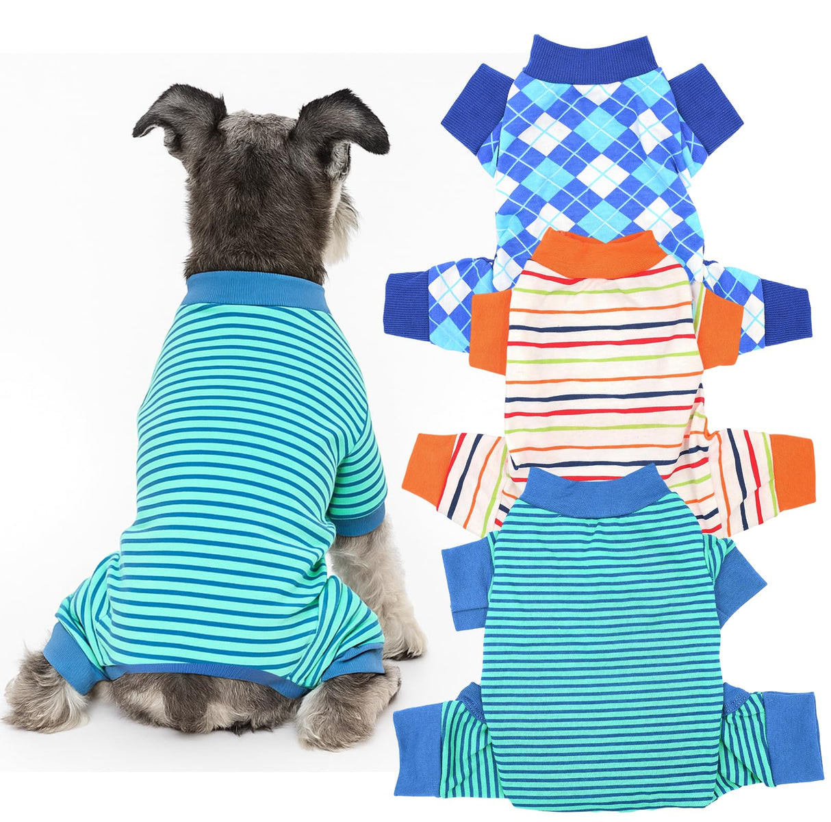 3 Pack Dog Pajamas Dog Onesie for Small Dogs, Lightweight Puppy PJs with Easy Snap Belly, Tail Opening Striped Checkered Sleepwear M