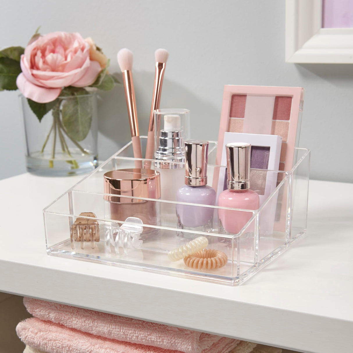 Clear Plastic Small Countertop Vanity Makeup Organizer, Compact Rectangular 4-Compartment Holder for Brushes, Eyeshadow Palettes, & Beauty Supplies, Made in USA
