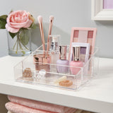 Clear Plastic Small Countertop Vanity Makeup Organizer, Compact Rectangular 4-Compartment Holder for Brushes, Eyeshadow Palettes, & Beauty Supplies, Made in USA