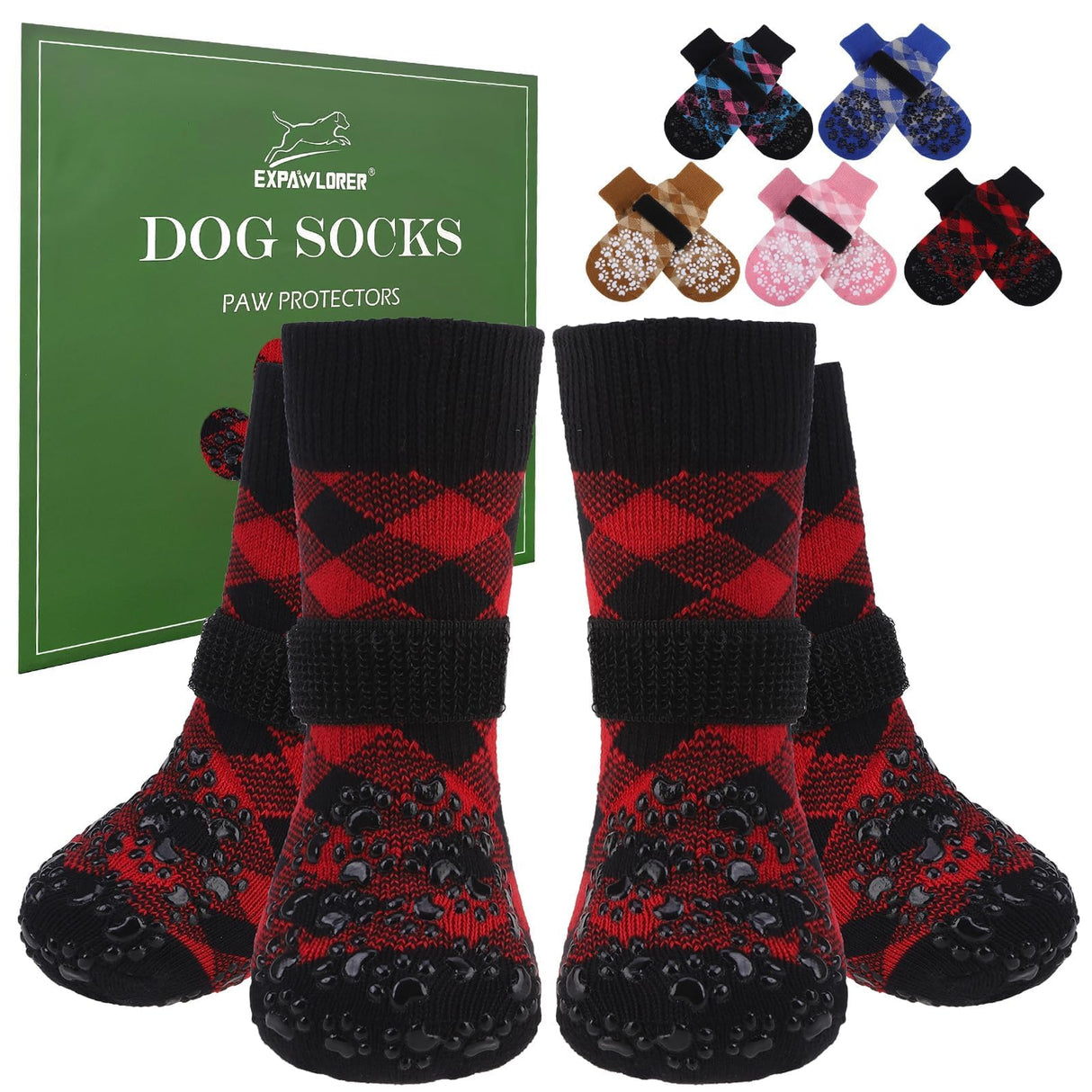 EXPAWLORER Dog Socks for Cold Winter Snow to Prevent Licking Paws, Anti Slip Doggie Booties Grippy Shoes for Hardwood Floors, Boots & Paw Protectors for Small Medium Large Senior Dogs Red Black S