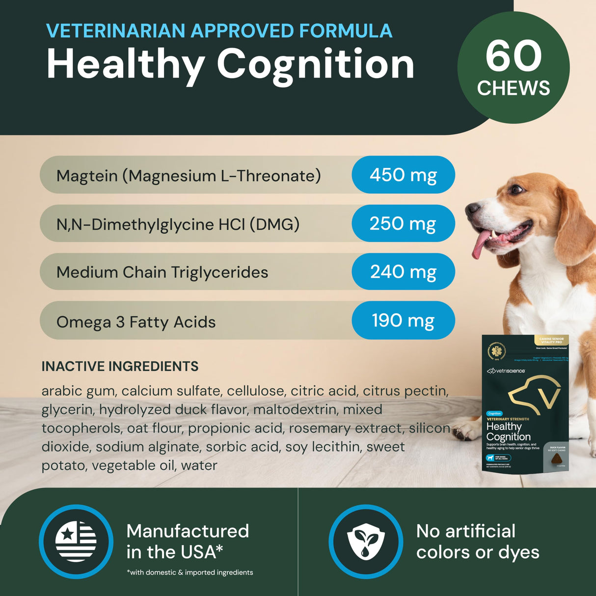 VetriScience Veterinary Strength Healthy Cognition Chews - Senior Wellness Supplement for Dogs - Supports Cognition, Immune Function & Metabolism - 60 Count