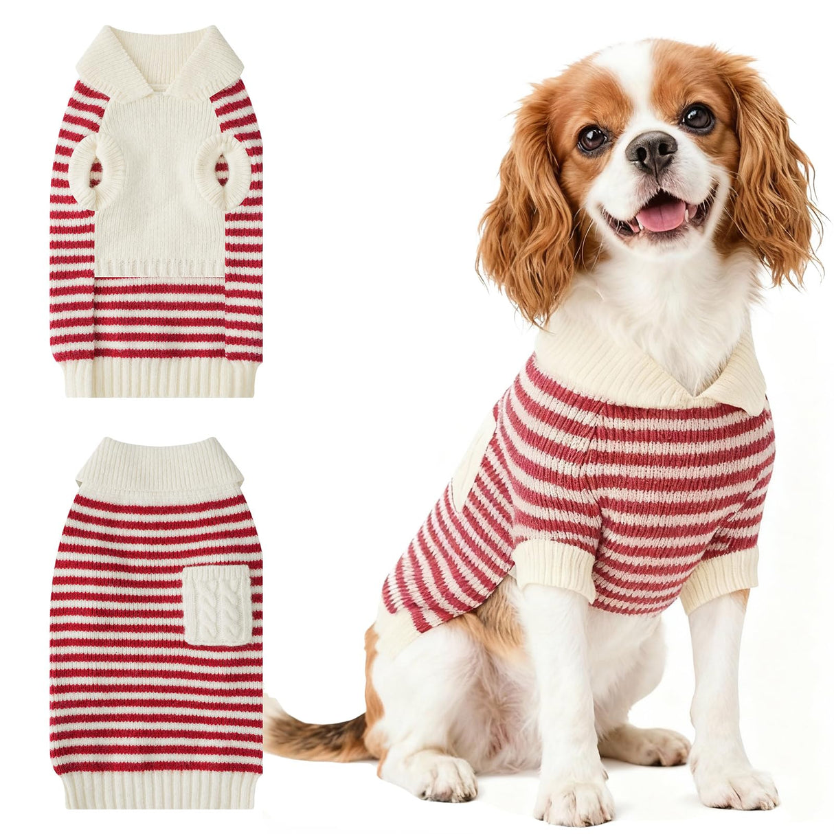 Small Dog Sweater, Knitted Striped Pullover Dog Clothes for Cold Weather, Thick Warm Cozy Stretchy Sweater for Chihuahua, Bulldog, Dachshund, Pug(Red & White Strip, XXL)