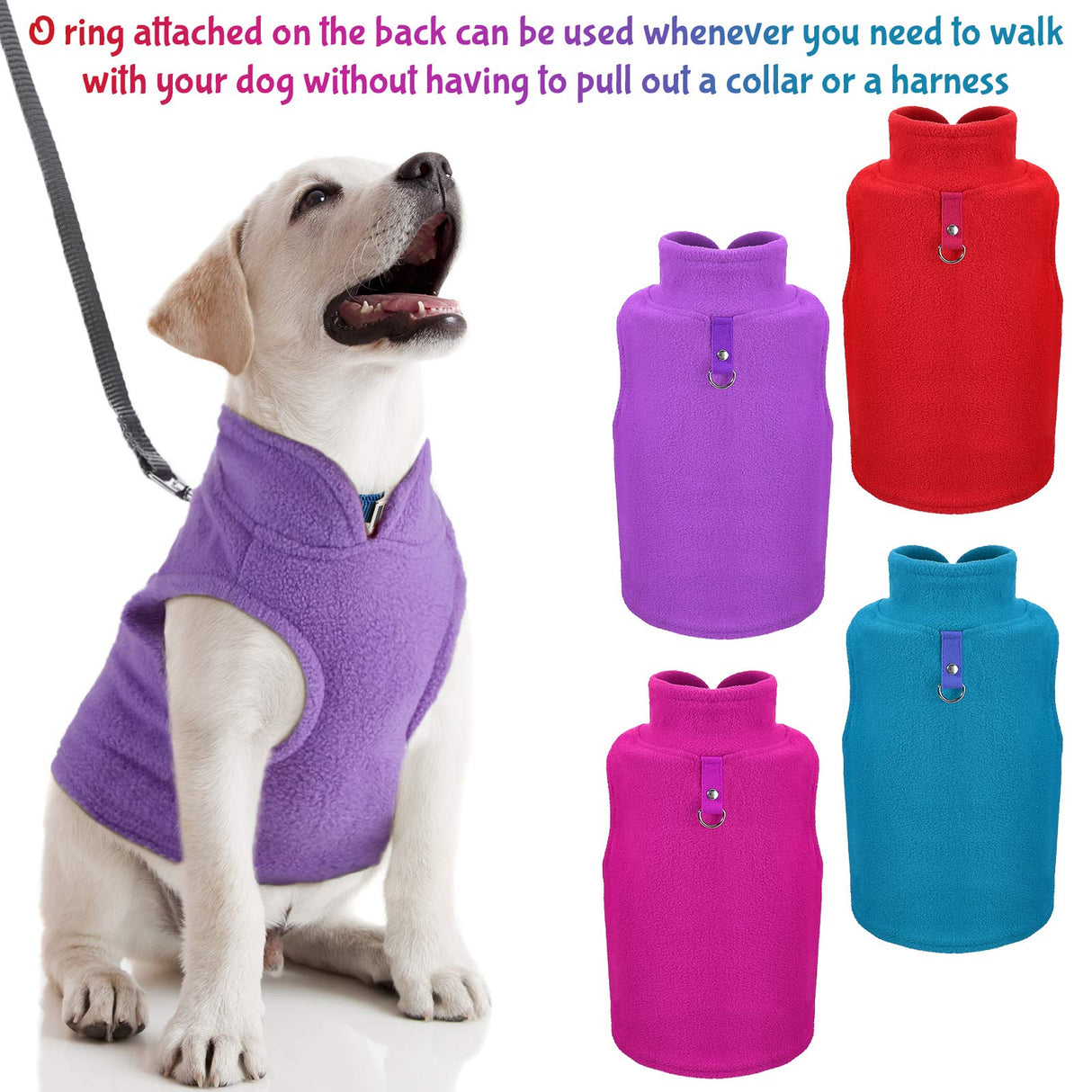 SATINIOR 4 Pieces Stretch Fleece Dog Sweater Polyester Warmer Vest Pullover Jacket with D-Ring Leash Cold Weather Coat Hoodie for Small and Medium Dogs(L,Purple, Blue, Rose, Red)