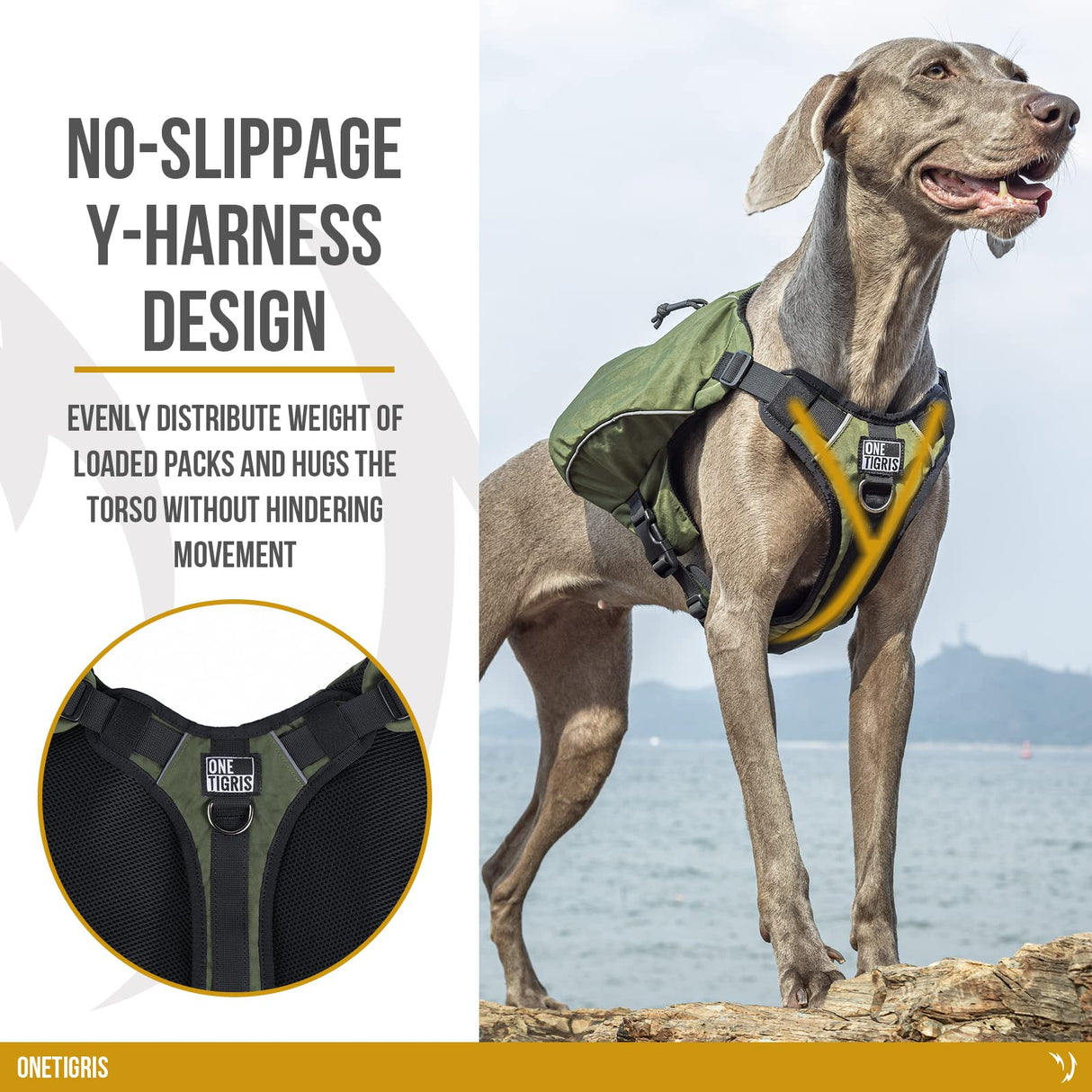 ONETIGRIS Y-Shaped Dog Backpack with Handle, Pockets & No Pull D-Rings, Lightweight Hiking Gear for Dogs Hunting Camping Travel (Medium, Green)