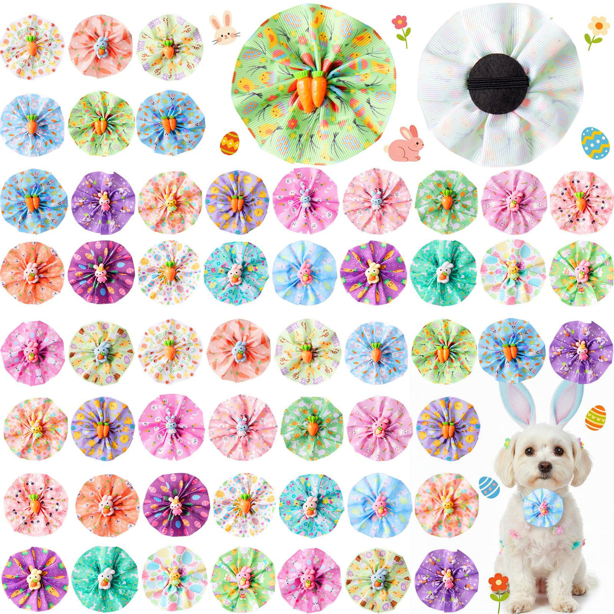 Huhumy 50 Pcs Easter Dog Collar Bow Ties Bulk Easter Day Charm Flower Attachment Collar with Rabbit Bunny Egg Carrot Triangle Pet Scarf Bowtie for Small Medium Large Cats Costume