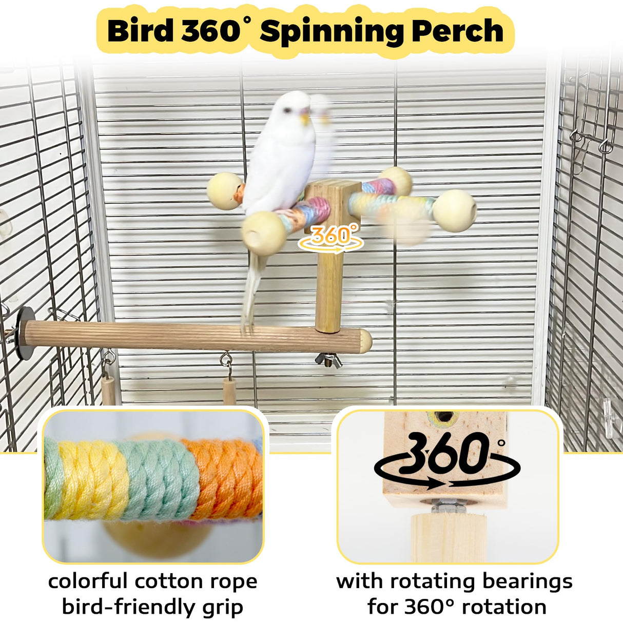 Jevnd Bird Perch & Swing Toy Combo, Bird Toys for Parrots with 360° Spin Function, Hanging Parakeet Swing Birds Cage Accessories Toys, Multi-functional Wooden Birds Activity Gym for Cockatiel Lovebird