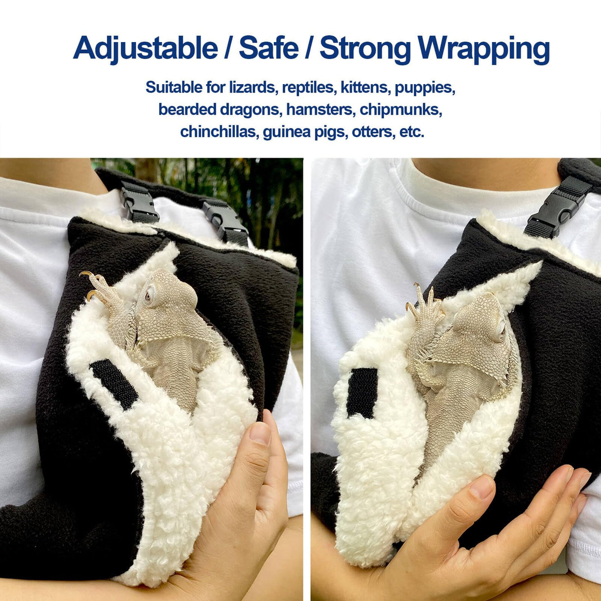 Adjustable Fluffy Bearded Dragon Sling Carrier Bag, Reptile Carrier with Leash Harness Lizard Cage Accessories for Small Animal, Ferrets, Squirrel, Hamsters,Parrot (Black)