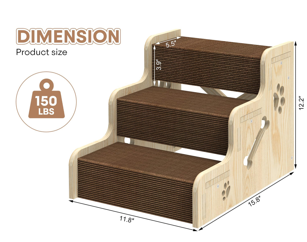 TIMHAKA Dog Stairs for Small Dogs, 3-Step Wooden Dog Ramp for Bed, Couch & Car, Non-Slip Pet Stairs for Small Old Short-Legged Puppy & Cat, Indoor Pet Steps with X-Brace Support