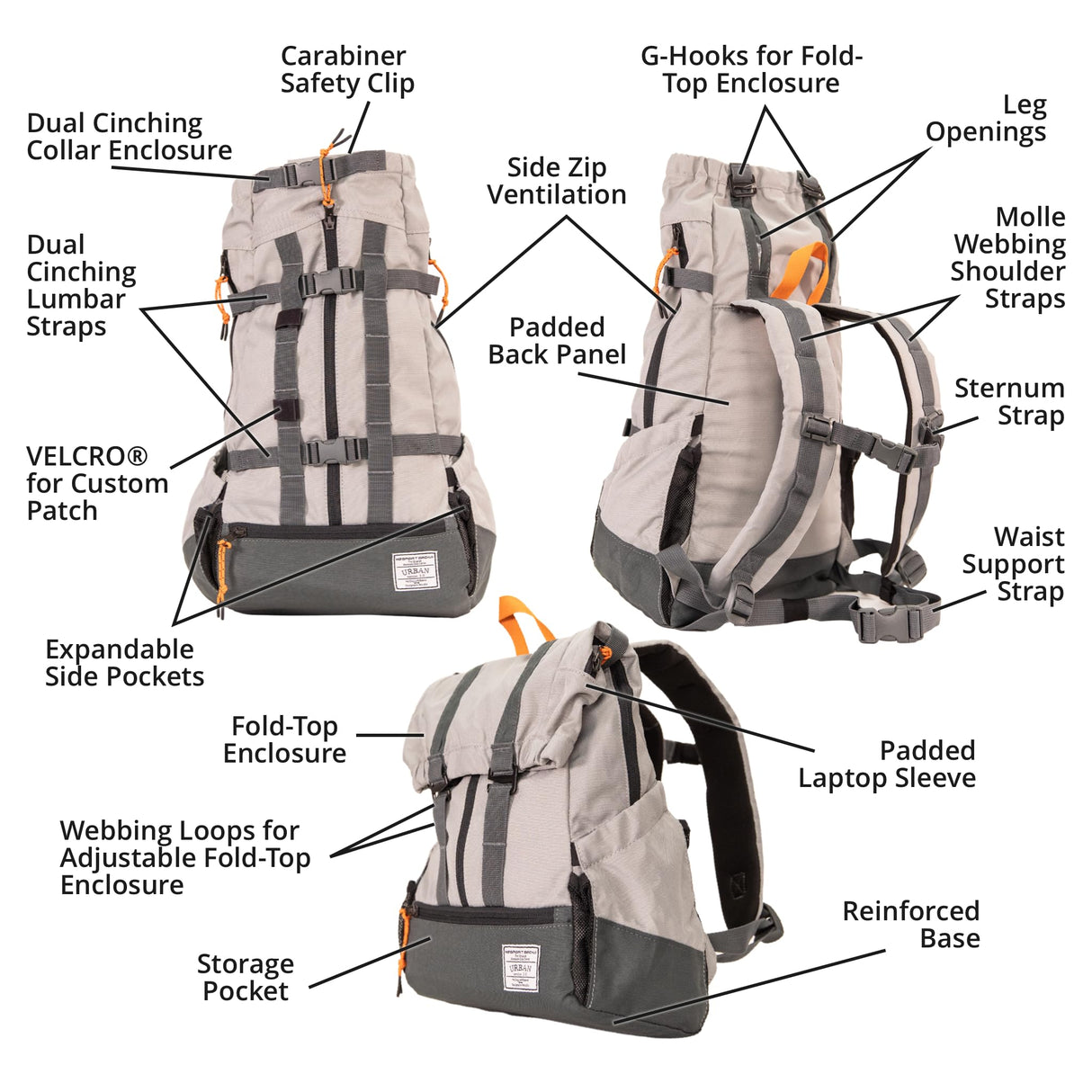 K9 Sport Sack Urban 3 - X-Small, Concrete - Ideal for Dogs with 9-12” Back Length - Dual-Use, Backpack-Style Carrier + Everyday Pack