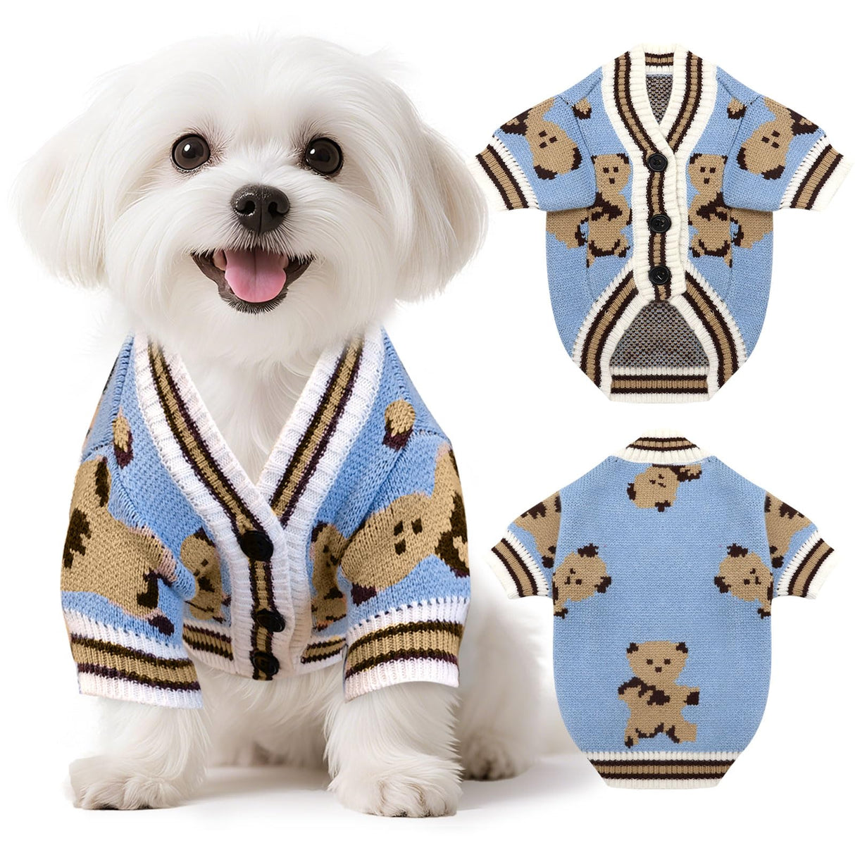 XGDMEIL Small Dog Sweaters Cute Bear Knitted Dog Cardigans Clothes for Small Medium Dogs Soft Pet Puppy Cat Knitting Outfits Fall Winter Warm Boy Girl Dogs Knitwear Coat Apparel（Blue,X-Large）