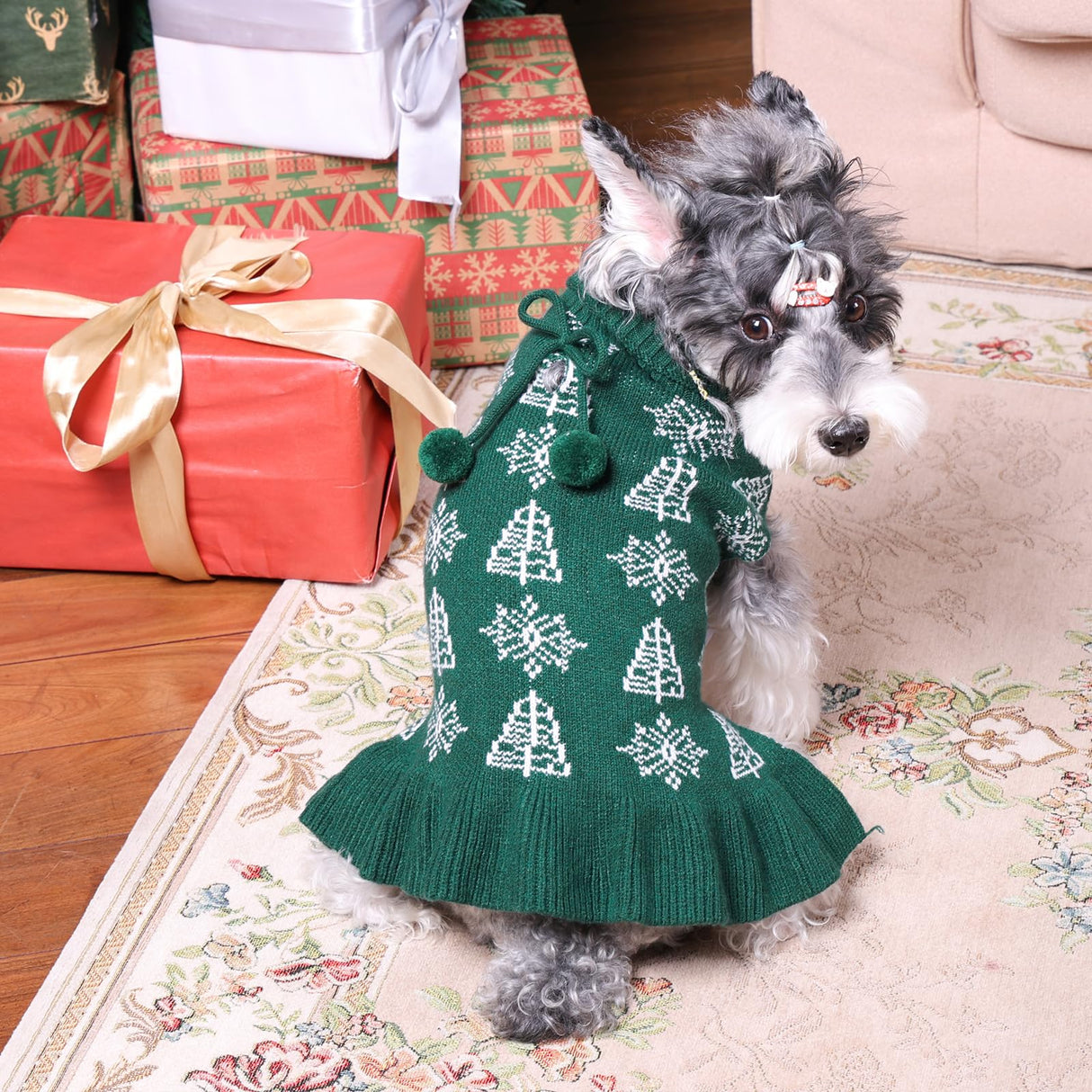 CuteBone Ugly Dog Christmas Sweater Dress Winter Knit Green Turtleneck Puppy Sweater with Craft Pom Pom Ball Pullover Ruffle Dress for Small Dogs